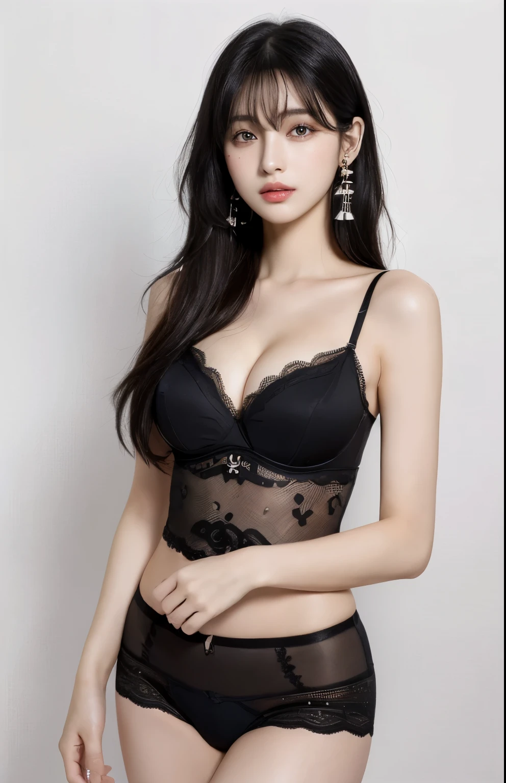 (lifelike,high resolution：1.3）， A slim girl， The face shape and eyes are super delicate,black hair,red glossy lips,(beautiful face), (best quality), (Super detailed), (Extremely detailed CG unified 8K wallpaper),(White background),sexy look,big eyes,(standing),sexy pose,Character centered,perfect breast shape,(cleavage,Big ,big breasts),(Black underwear with camisole),earrings,black neck decorations,Perfect body,(air bangs).
