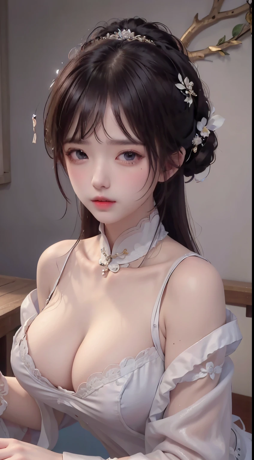 goddess of shooting&#39;arc14 ans，Ancient costumes with many phoenix designs，visage blanc et rose impeccable，Ornements sur la tête，cheveux jusqu&#39;aux noirs&#39;to the size，yeux marrons très beaux et nets，red labia minora，Colored lips，Enchanted smile，bijoux portés autour du cou，Anneau de mamelon d&#39;oreille，dents blanches et uniformes，pont de nez haut，gros seins ronds， jambes fines，chaussettes noires en maille fine，Portrait，the most realistic，la plus haute quality，Meilleurs pixels，8k ultra，HIGH LEVEL OF DETAIL,8k resolution,ultra haute résolution,une jeune fille, Une jolie fille，short detailed hair，chignon，lipsticks，boucles d&#39;ears to pampilles，collier ras du cou，Yeux noirs clairs，Cheveux lisses,clavicule,traits du visage délicats et parfaits, les plus beaux grands yeux,long cils,The eyes are soft and there are silkworms lying，angle dynamique,quality&#39;extreme image,The highest accuracy,Accurate and perfect human anatomy，(((Robe professionnelle，Slim cheongsam Republic of China，Broderie or cramoisi)))，((assis))，Warm scene，ultra haute résolution，Cheveux noirs fluides de style antique chinois ultra-clairs avec un chignon délicat）Par frange，（cheveux longs et flottants，avec un chignon:1.3））, vêtements à poitrine ouverte en V royal, Wet body of fine silk fabric, Robe fine en dentelle de soie, (huge ，clivage),, blanc rose, bleu ，Meilleure quality，chef-d&#39;ouvrages d&#39;art，ultra haute résolution，（realism：1.4），photo BRUTE，（Véritable texture de peau：1.3），（grain de film：1.3），（Angle de selfie），1 girl with giant ，Beautiful details of the eyes and face，chef-d&#39;ouvrages d&#39;art，La Meilleure quality au mieux，，The chest more exposed， detailed hair, Bon rose , 8K Detail, Haut du corps,，Delicate collarbones，beau maquillage，Caractéristiques du visage exquises et parfaites，，de grands yeux larmoyants，Ver à soie couché，long cils，The eyes are soft and have eye shadow, the  more chest explore