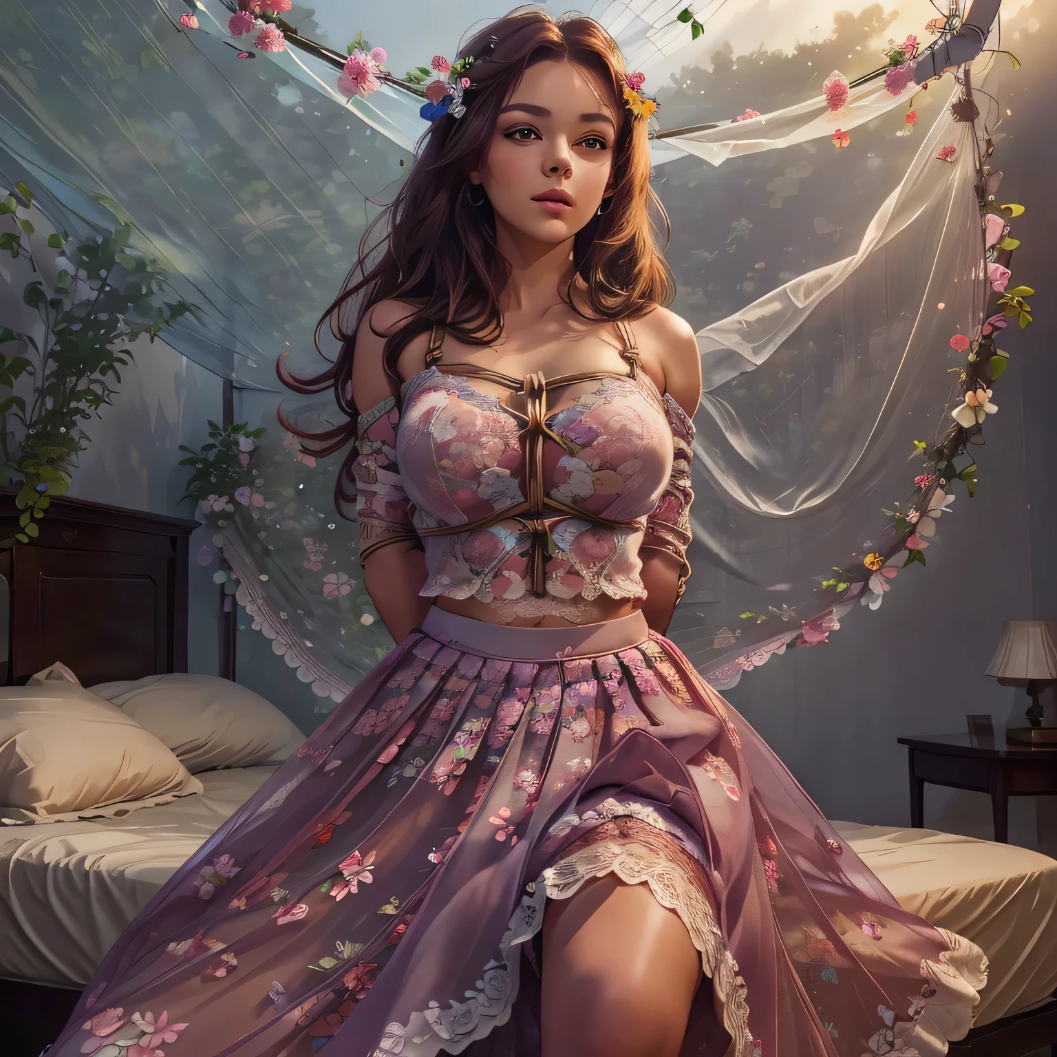 1girl,(bright lighting,romantic setting),dreamy background,,dark hair, mesmerizing gaze, , soft skin, alluring beauty, artistic portrait, high-quality image, vibrant colors,long floral lace skirt, mosquito net, romantic bedroom, sidesuspension,solobound