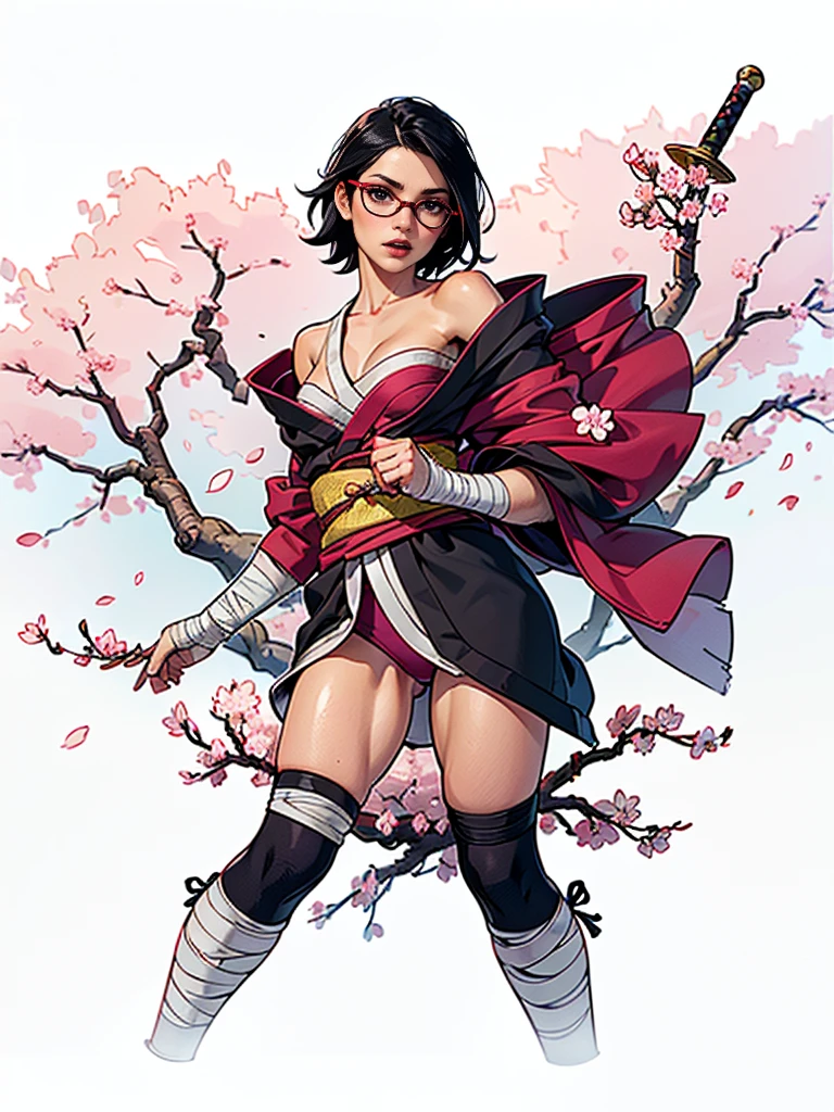 (1girl, solo, alone), (WakatsukiRisa, Sarada Uchiha, black hair, short hair, black eyes, red glasses), ((solo, (1woman, ((small bust)), pink lipstick, black eyes), Extremely detailed, ambient soft lighting, 4k, perfect eyes, a perfect face, perfect lighting, a 1girl)), ((fitness, shapely body, athletic body, toned body)), ((a drawing of a woman, kimono, holding a sword, ((sarashi, bandage)), cherry trees, cherry blossom, showing her shoulder, urban background, Tokyo))