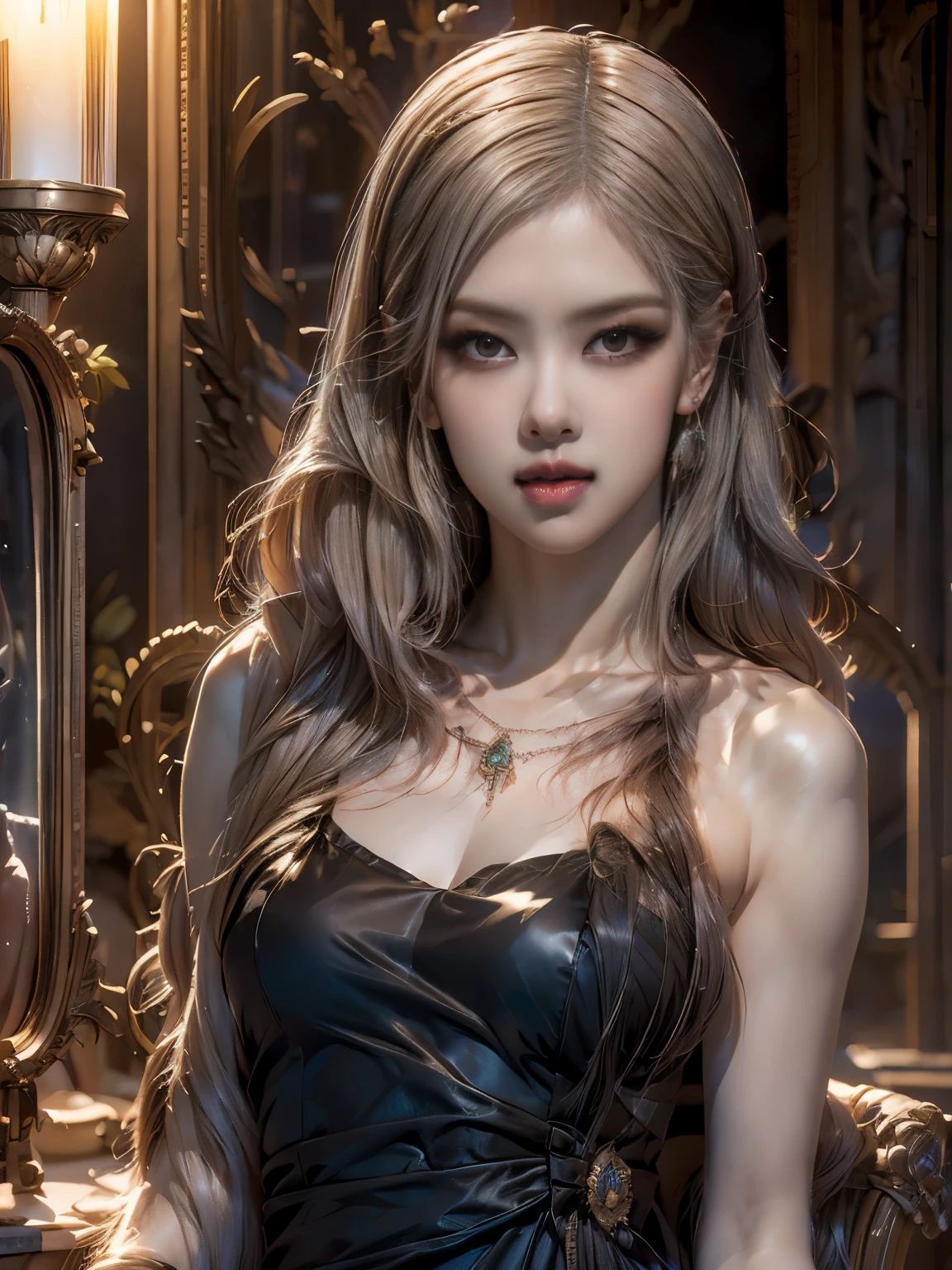 (masterpiece), a stunning photograph of blackpink lisa, full body, 8k, raw photo, looking at viewer, (highly detailed skin:1.2), small breasts, slim body, brown hair, (photorealistic:1.4), long black dress, solo, jewelry, earrings, (looking at viewer), long hair, brown eyes, portrait, realistic, smile, makeup, desk
