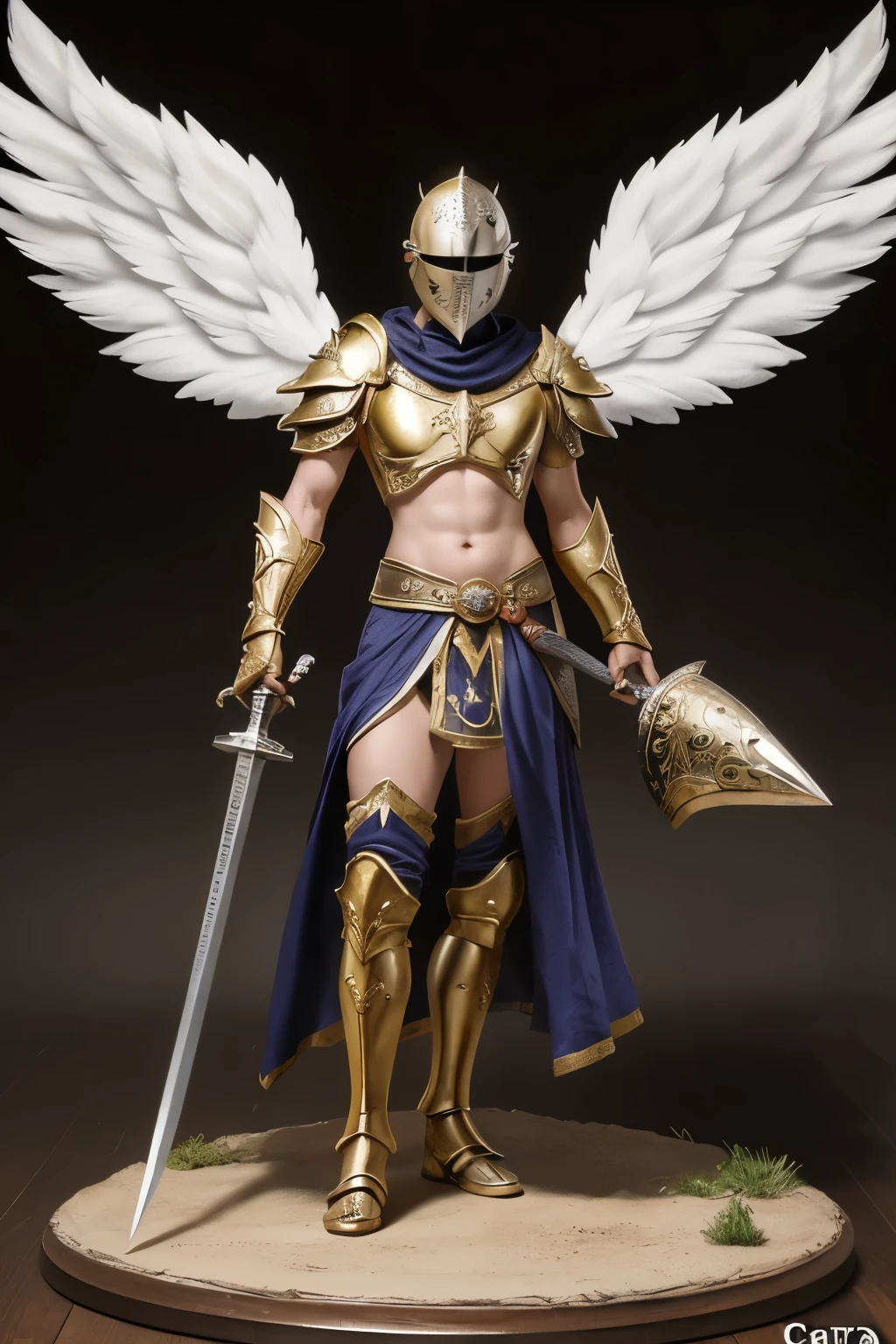 ((Mejor calidad)), ((obra maestra)), (detallado), cara perfecta, angel, 6 alas, armadura dorada mediebal, imagen cuerpo  y pies completo, con dos  espadas , imagen completa, 
