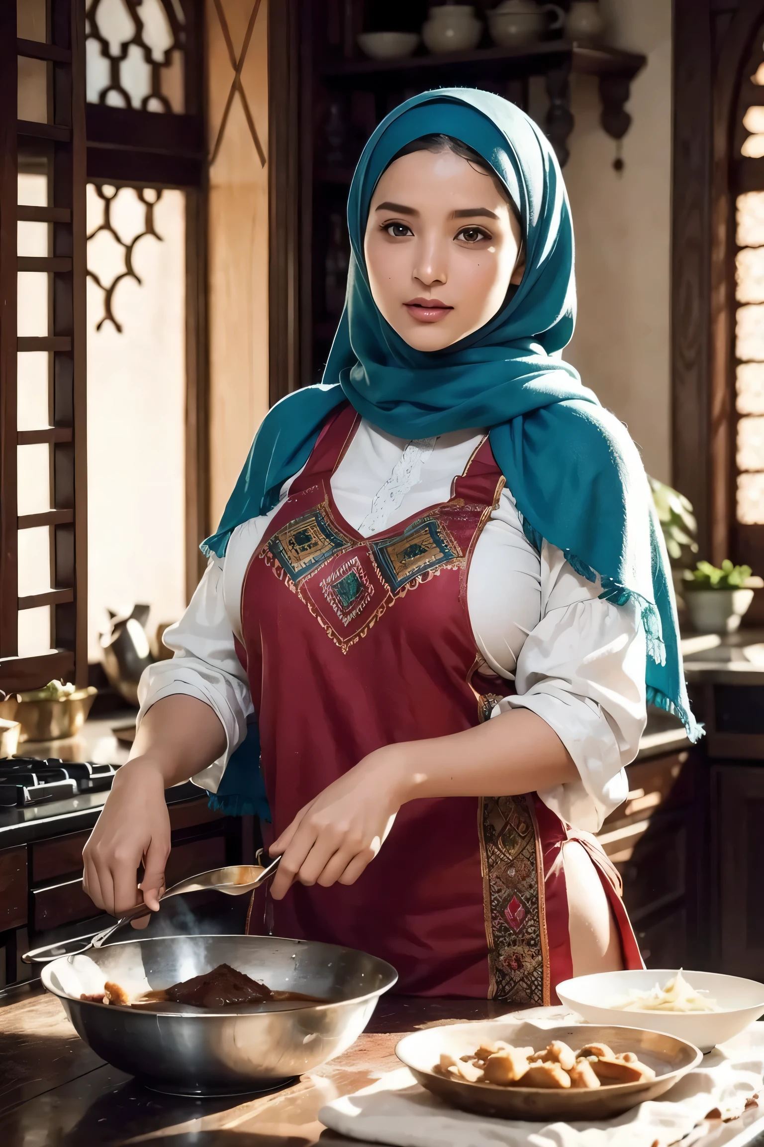 In a bustling Moroccan kitchen, amidst the aromas of exotic spices and sizzling tagines, stands a vision of beauty and grace. Wrapped in a flowing hijab, its vibrant colors echoing the hues of Moroccan landscapes, is a young woman whose elegance transcends mere appearance. Her almond-shaped eyes, framed by delicate lashes, exude warmth and wisdom, reflecting the rich tapestry of her culture and heritage. Her skin, kissed by the Moroccan sun, glows with a natural radiance, soft as the petals of a desert rose.
As she moves with effortless poise, her figure draped in modest attire, there's a quiet confidence in her demeanor, a silent strength that speaks volumes. Her hands, skilled in the art of Moroccan cuisine, weave magic with each motion, infusing traditional dishes with love and tradition. The rhythmic clinking of utensils and the savory scent of spices seem to dance around her, as if paying homage to her culinary prowess.
But beyond her external beauty lies a spirit as captivating as the Sahara at dusk. She carries herself with dignity and grace, embodying the resilience and grace of Moroccan women throughout history. In her presence, one can't help but feel the allure of Morocco itself – a land of ancient traditions, vibrant colors, and timeless beauty