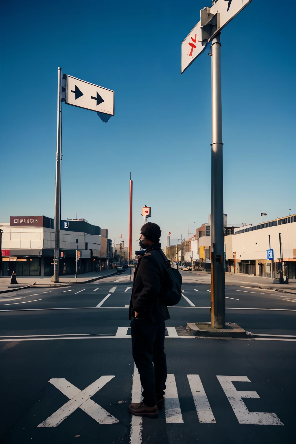 A person standing at a crossroads with 4 blank signs pointing different directions. A finance city forward.