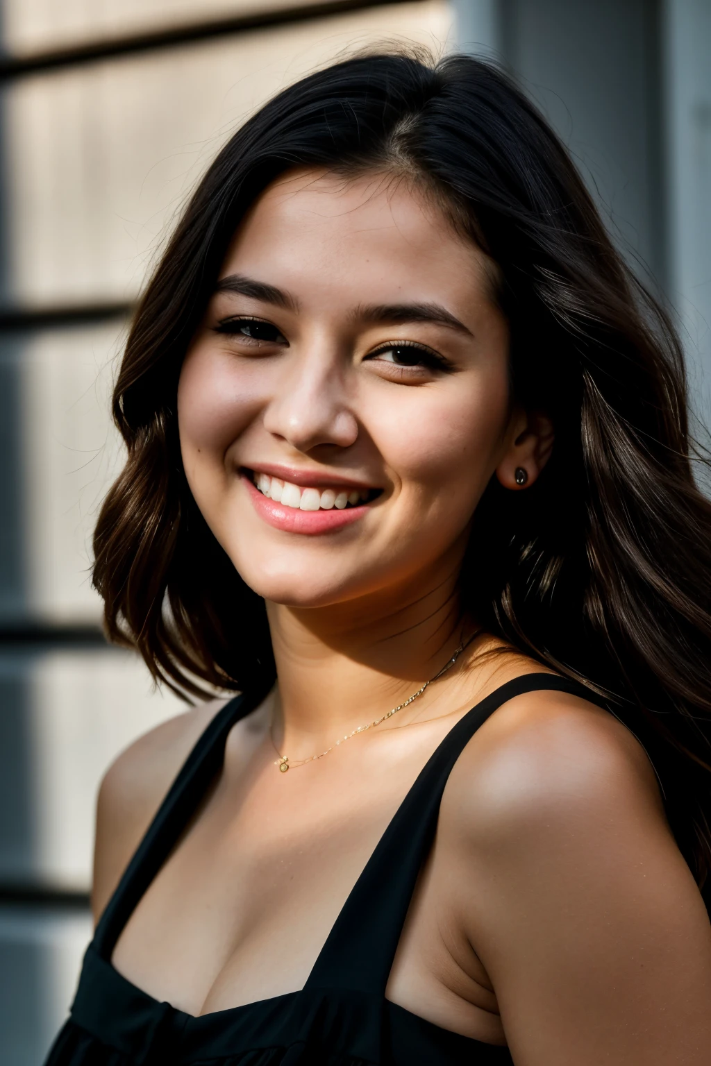 RAW photo, face portrait photo of beautiful 26 y.o woman, cute face, wearing black dress, happy face, hard shadows, cinematic shot, dramatic lighting
