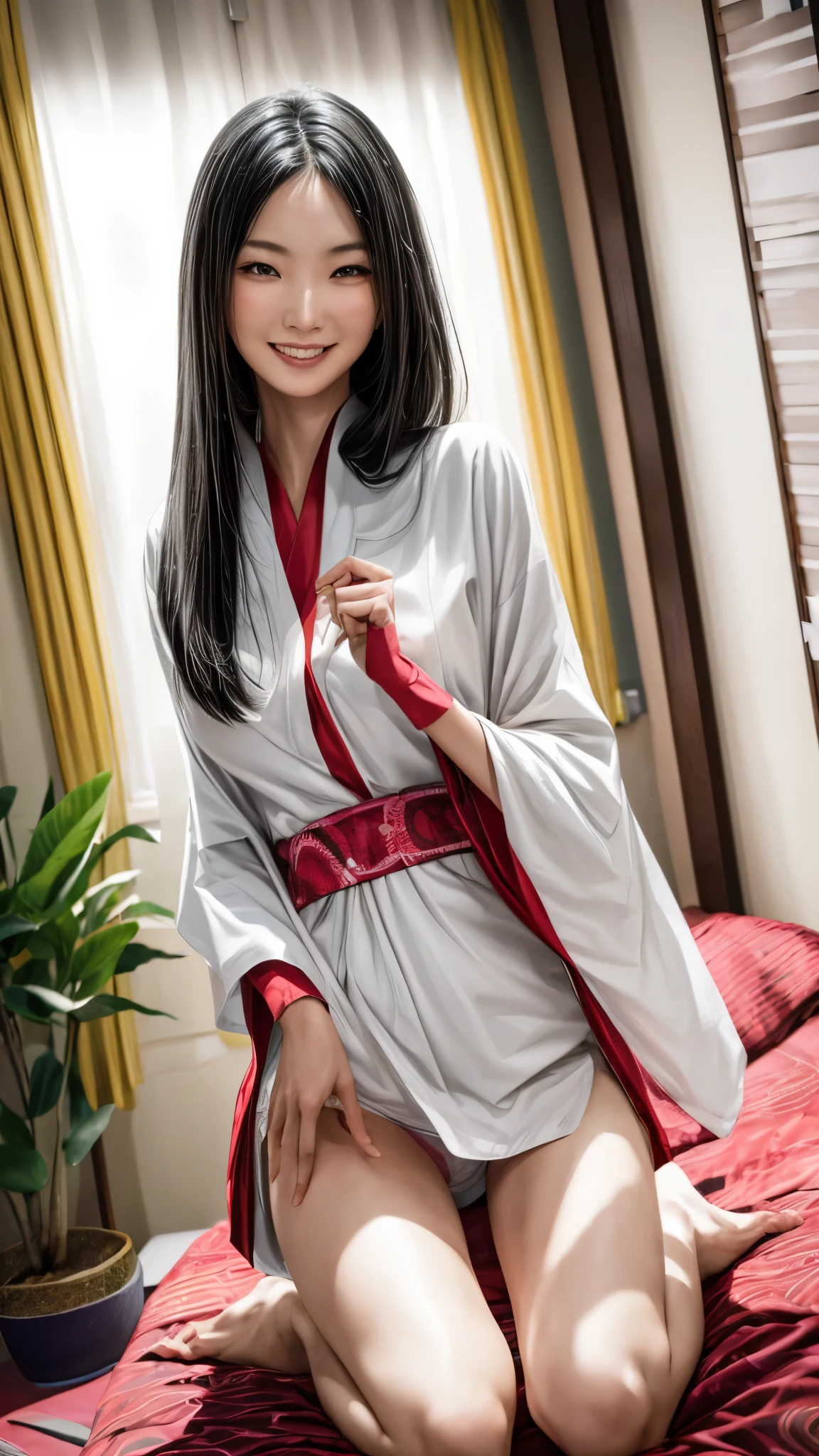 (best quality,4k,8k,highres,masterpiece:1.2),ultra-detailed, Japanese Goddess Amaterasu as a Japanese American college student, Female, Nao Nagasawa, long Black hair, kimono, no panties, smiling at viewer, seducing viewer, In a dorm room, undressing, HDR, 8k, absurdres, cinestill 800, sharp focus ((Masterpiece, best quality) (solo woman) add_detail:3