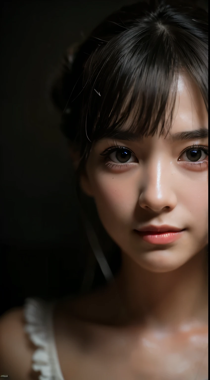 masterpiece, highest quality, Raw foto, photorealistic, smile, beautiful girl, cute, Hair up, Depth of the bounds written, High resolution, Super detailed, details, highly detailed eyes and face, mesmerizing black eyes, Realistic pupils, sharp focus, Cinematic lighting, upper part of the body, face on camera, dark background, small lighting reflection from below, shadow