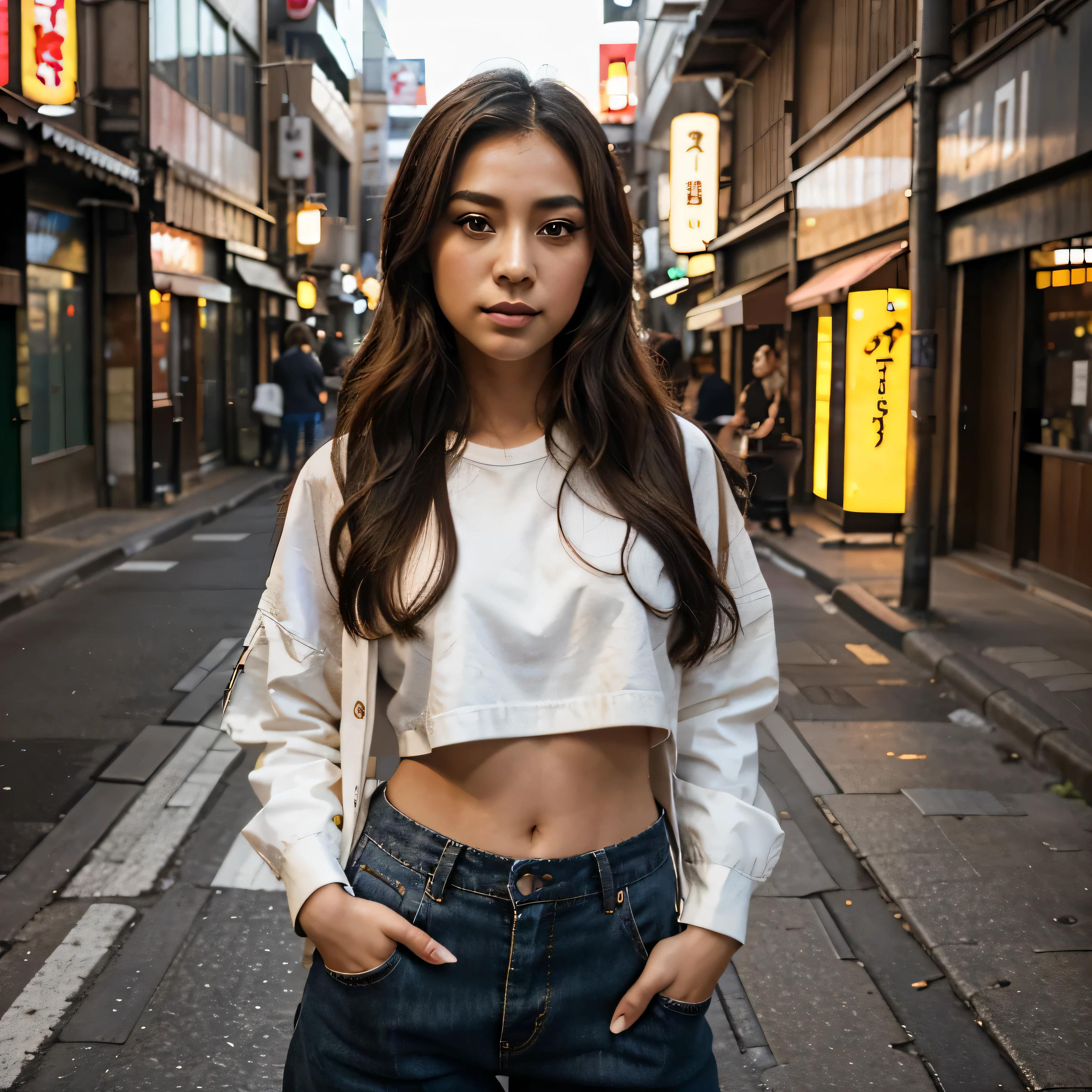 Heritage Fusion Portrait of Miyako Luz Location: On the streets of Tokyo with Brazilian street art in the background.
Outfit: Street style with Japanese and Brazilian fashion elements.
Hairstyle & Makeup: Loose waves, casual makeup with a focus on bold eyeliner.
Equipment: Sony A7 III with a 24mm f/1.4 lens, capturing the urban vibe with a wide aperture for depth of field. Natural city light complemented by a portable LED light for fill.
