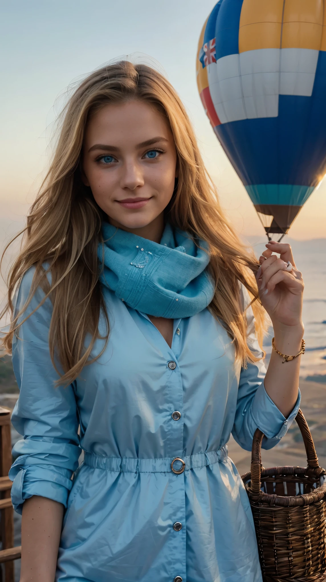 iamsophia (detailed), perfect face, realistic photo of beautiful woman, blue eyes, piercing eyes, long hair, blond hair, wearing detailed necklace, Polish, influencer, light freckles, big lips, wearing detailed diamond bracelet, wearing detailed branded watch, wearing detailed diamond ring, Instagram, sharp photo, perfect body, model looking, realistic photo of a woman, golden, blond hair color, perfect detailed hands, perfect detailed fingers, ((best quality)), ((masterpiece)) (smile:1.2) light blue eyes, incredible blue eyes, detailed, photographer_\( ultra\), As the first light of dawn breaks the horizon, iamsophia finds herself floating above a misty landscape in a hot air balloon. Her blond hair glows with the soft hues of sunrise, and her sky-blue eyes reflect the vast expanse of the waking world below. Dressed in a cozy yet stylish aviator jacket and scarf, she embodies the adventurous spirit of early morning explorers. Her hands, detailed and expressive, are wrapped around the basket's edge, capturing the moment on a vintage camera. The balloon's vibrant colors contrast with the serene pastels of the dawn sky, creating a picturesque scene of adventure and tranquility.