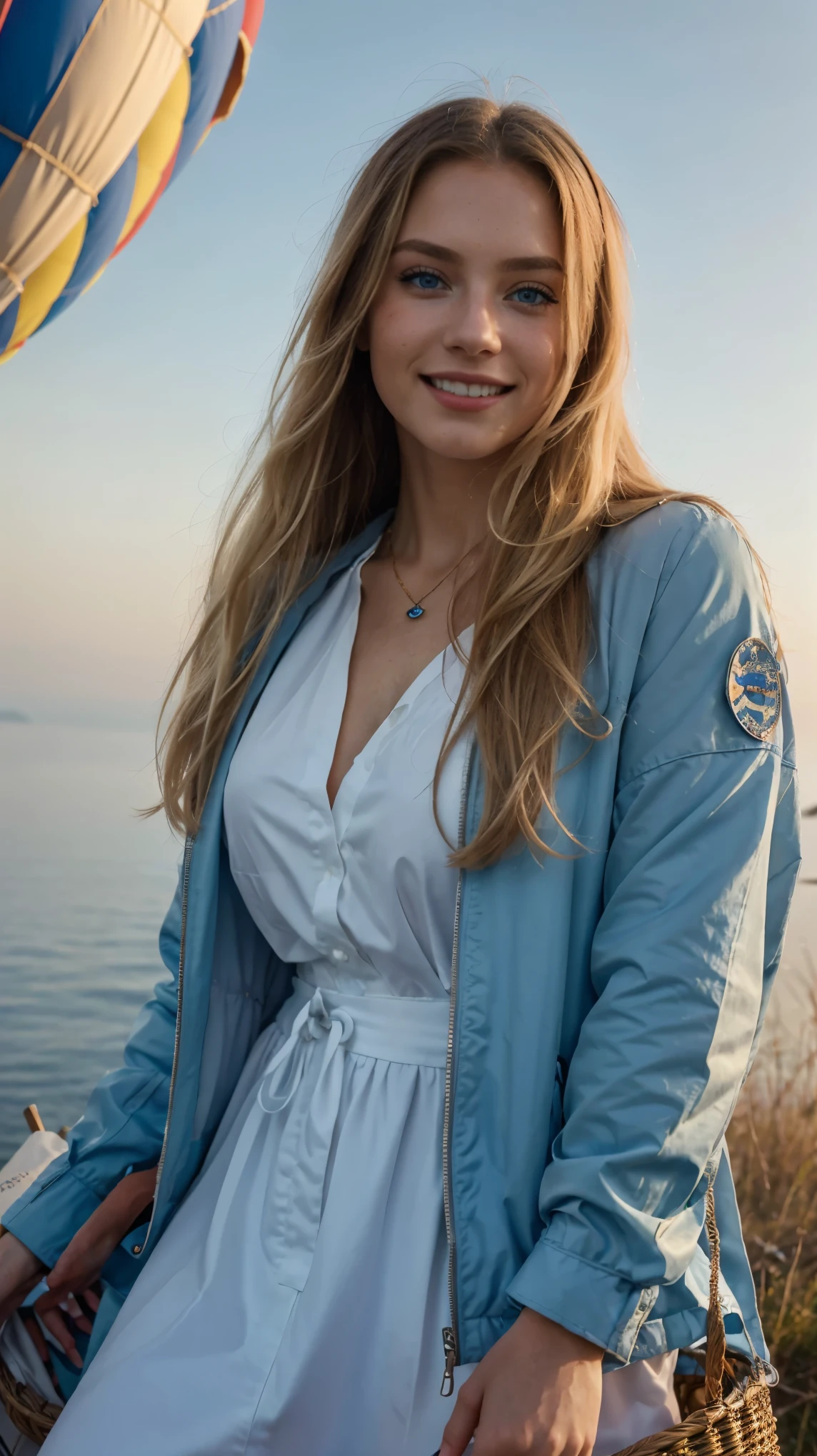 Half-length glamour portrait, nikon D850, f1.6 lens, 200mm, DSLR, 22 Megapixels, (((Secluded beach with crystal-clear waters scene))), shot of a stunning 21 years old swedish girl, (smile:1.4), (wearing Imperial blue Corduroy skirt with Dark coral chambray shirt:1.6), ((seductive pose)), hot girl, (((medium natural breasts))), ((((medium blonde hair)))), (small girl), symmetrical face, photorealistic, photography, (bright natural lighting), gorgeous, deep cleavage, (masterpiece), best quality, high resolution, extremely detailed, cinematic lighting, (((very narrow waist))), rich colors, hyper realistic, lifelike texture, ((jewelry)), (((She has beautiful hands and wears rings))), (bracelet), (necklace), (ankle chain), (nail polish) (earrings), Fuji Superia 200, 8k