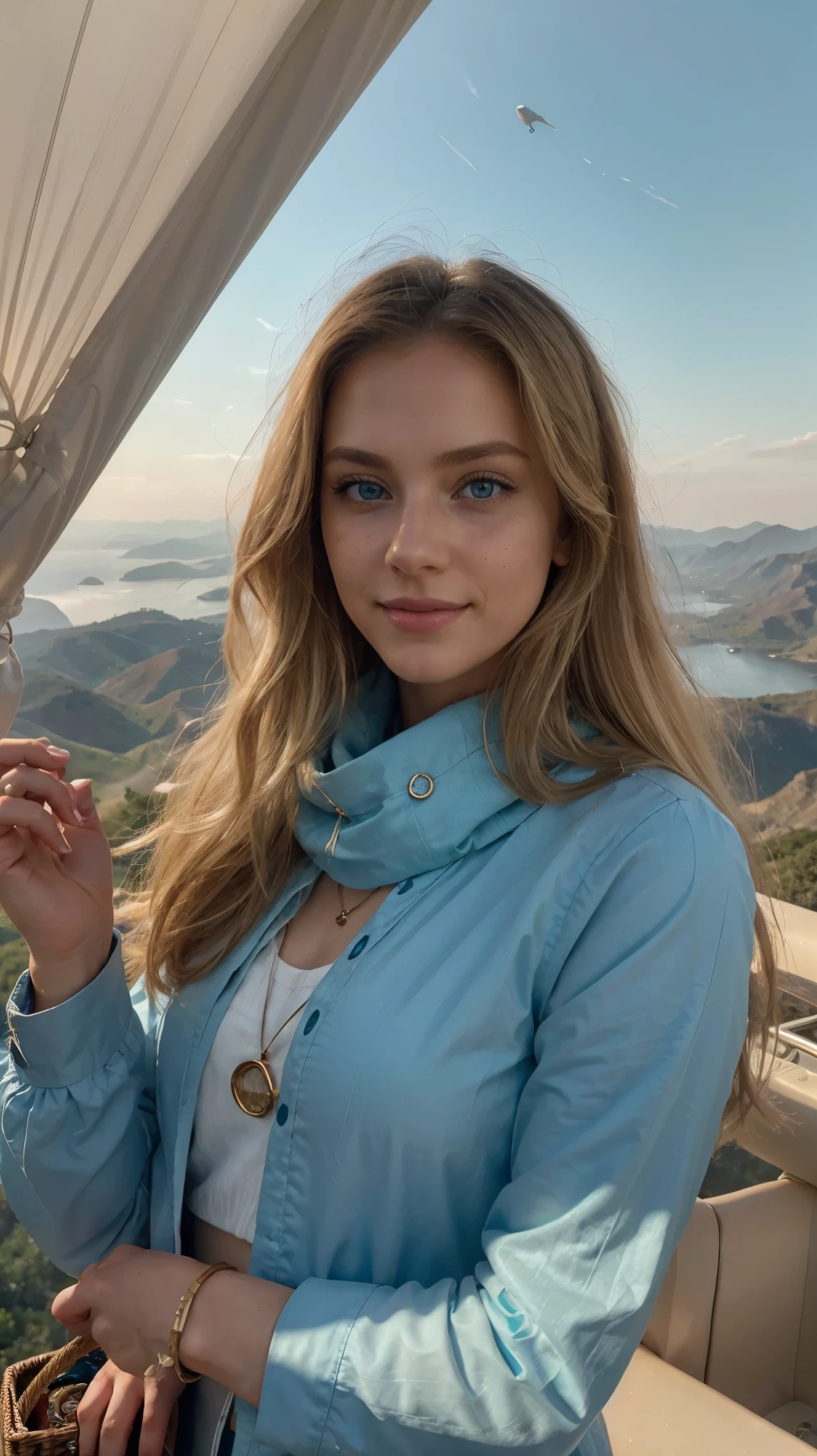 iamsophia (detailed), perfect face, realistic photo of beautiful woman, blue eyes, piercing eyes, long hair, blond hair, wearing detailed necklace, Polish, influencer, light freckles, big lips, wearing detailed diamond bracelet, wearing detailed branded watch, wearing detailed diamond ring, Instagram, sharp photo, perfect body, model looking, realistic photo of a woman, golden, blond hair color, perfect detailed hands, perfect detailed fingers, ((best quality)), ((masterpiece)) (smile:1.2) light blue eyes, incredible blue eyes, detailed, photographer_\( ultra\), As the first light of dawn breaks the horizon, iamsophia finds herself floating above a misty landscape in a hot air balloon. Her blond hair glows with the soft hues of sunrise, and her sky-blue eyes reflect the vast expanse of the waking world below. Dressed in a cozy yet stylish aviator jacket and scarf, she embodies the adventurous spirit of early morning explorers. Her hands, detailed and expressive, are wrapped around the basket's edge, capturing the moment on a vintage camera. The balloon's vibrant colors contrast with the serene pastels of the dawn sky, creating a picturesque scene of adventure and tranquility.