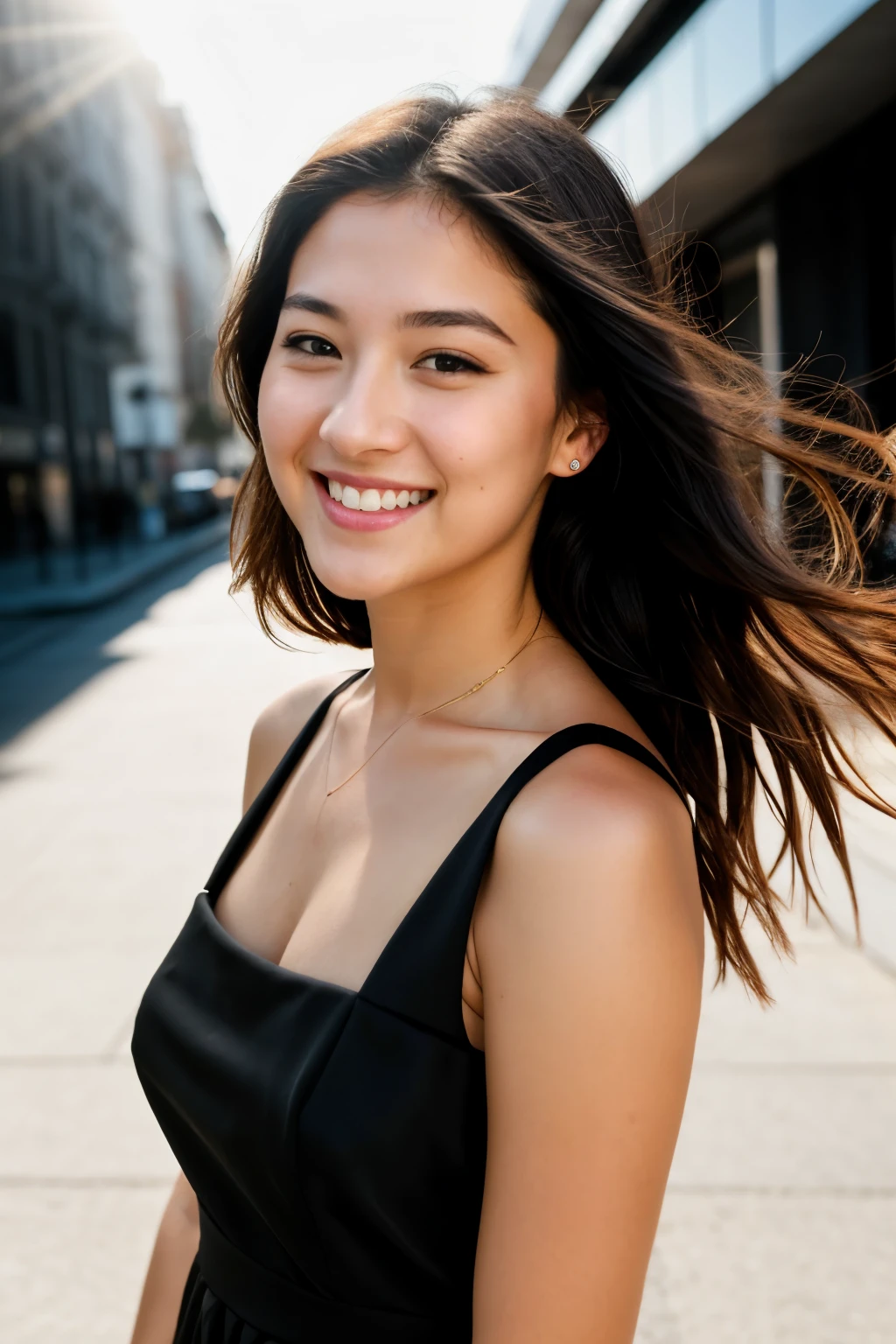 RAW photo, face portrait photo of beautiful 26 y.o woman, cute face, wearing black dress, happy face, hard shadows, cinematic shot, dramatic lighting
