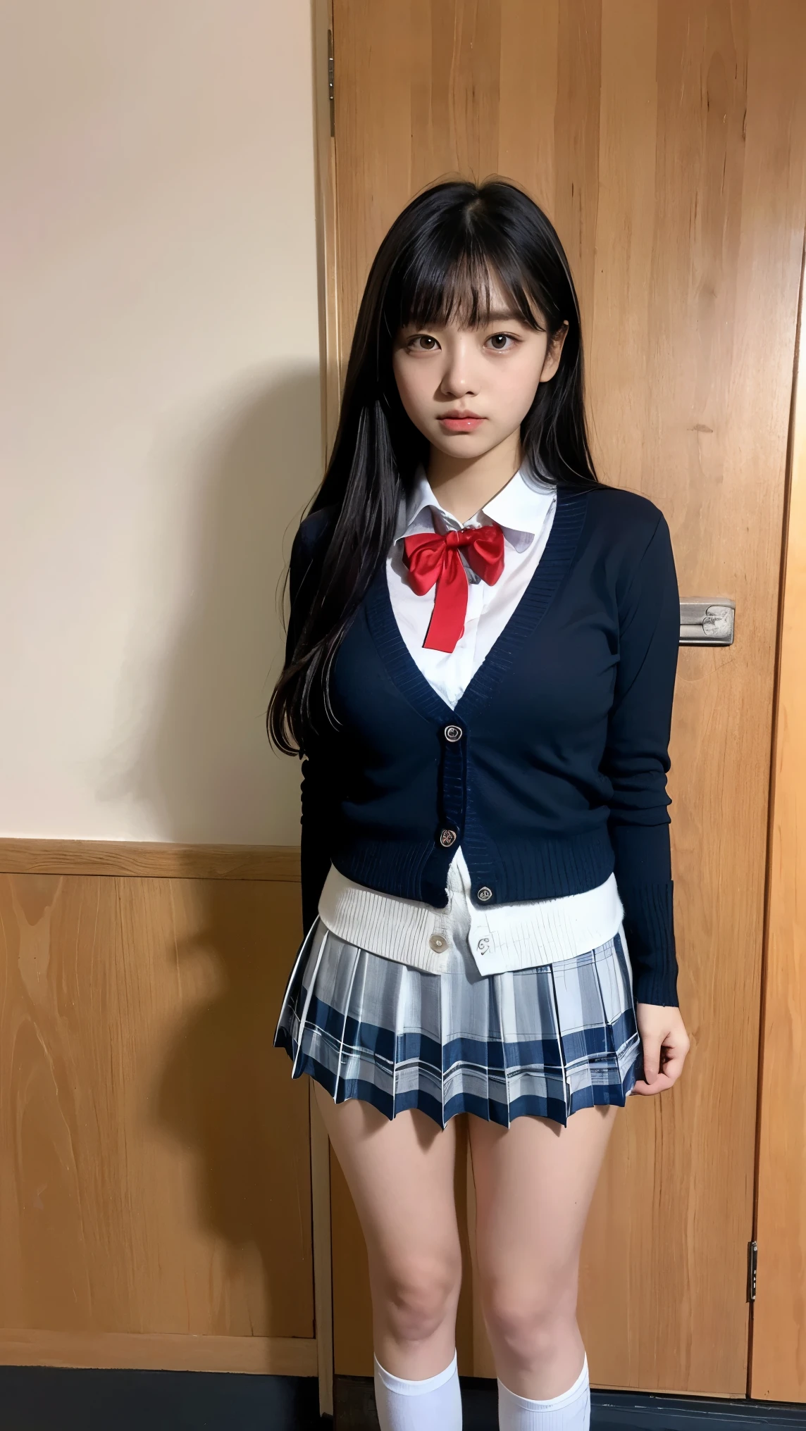 one person、one person、A 17-year-old high school girl poses for a photo in a short-sleeved white sailor uniform、victory、Twin tails、Tsundere、masterpiece、High-level image quality、Sharp focus)、Navy blue shirt、Red tie、Navy and red checked mini skirt、cute、Japanese women、17 years old、sexy、Laughter、(Perfect Anatomy、Delicate and beautiful hands and feet)、Blue Wall,Small breasts、Nogizaka Idol、Slender figure、sexy、I can see your thighs