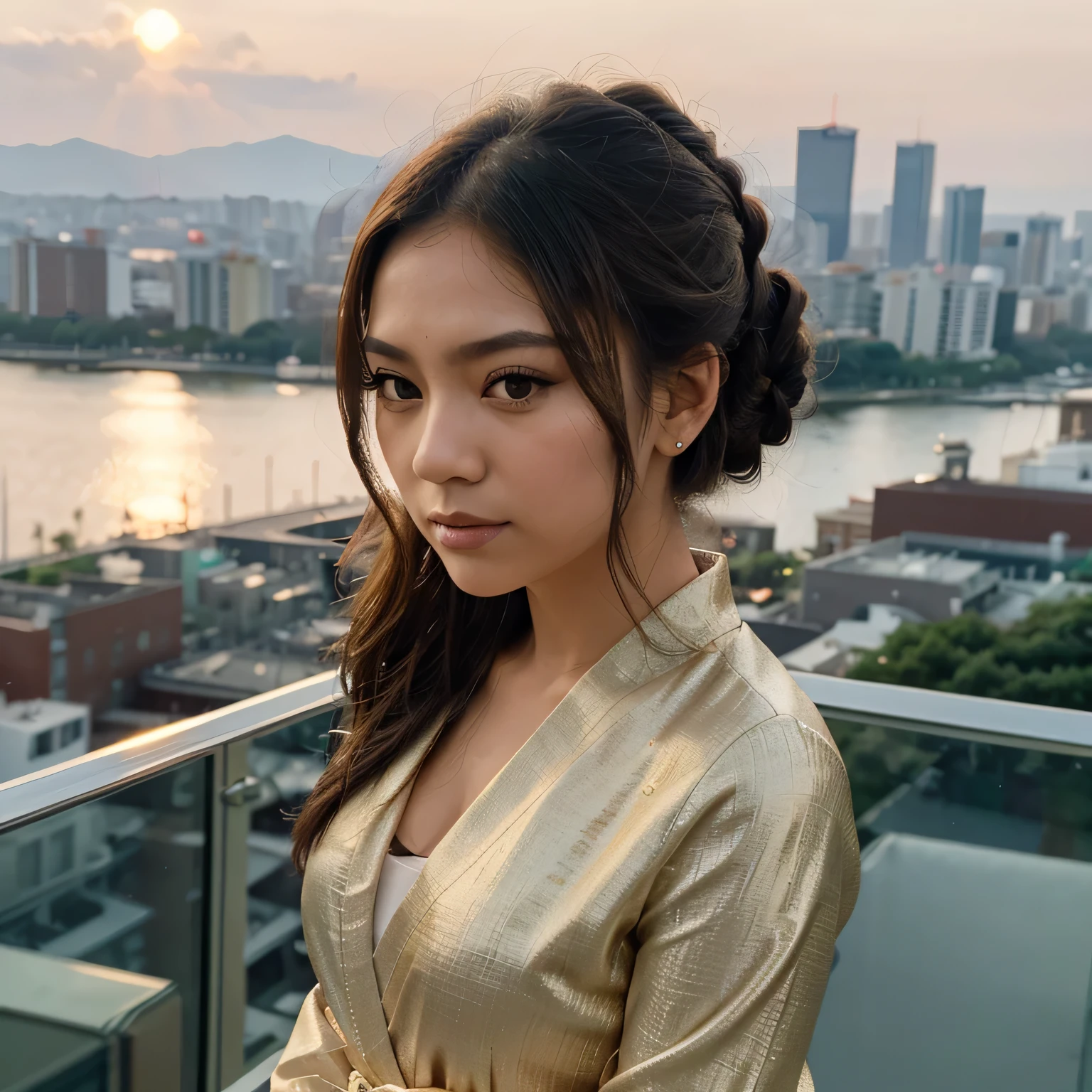 Heritage Fusion Portrait of Miyako Luz Location: Overlooking a cityscape at sunset, symbolizing her connection between two worlds. Wearing an Elegant evening wear that hints at both her Japanese-Brazilian cultures.
Hairstyle & Makeup: Hair styled in a low bun, evening makeup with emphasis on the eyes.
Equipment: Canon EOS-1D X Mark III with a 70-200mm f/2.8 lens, capturing the distant cityscape with her in contemplation. Golden hour light naturally enhances the mood, with a reflector to softly light her face.