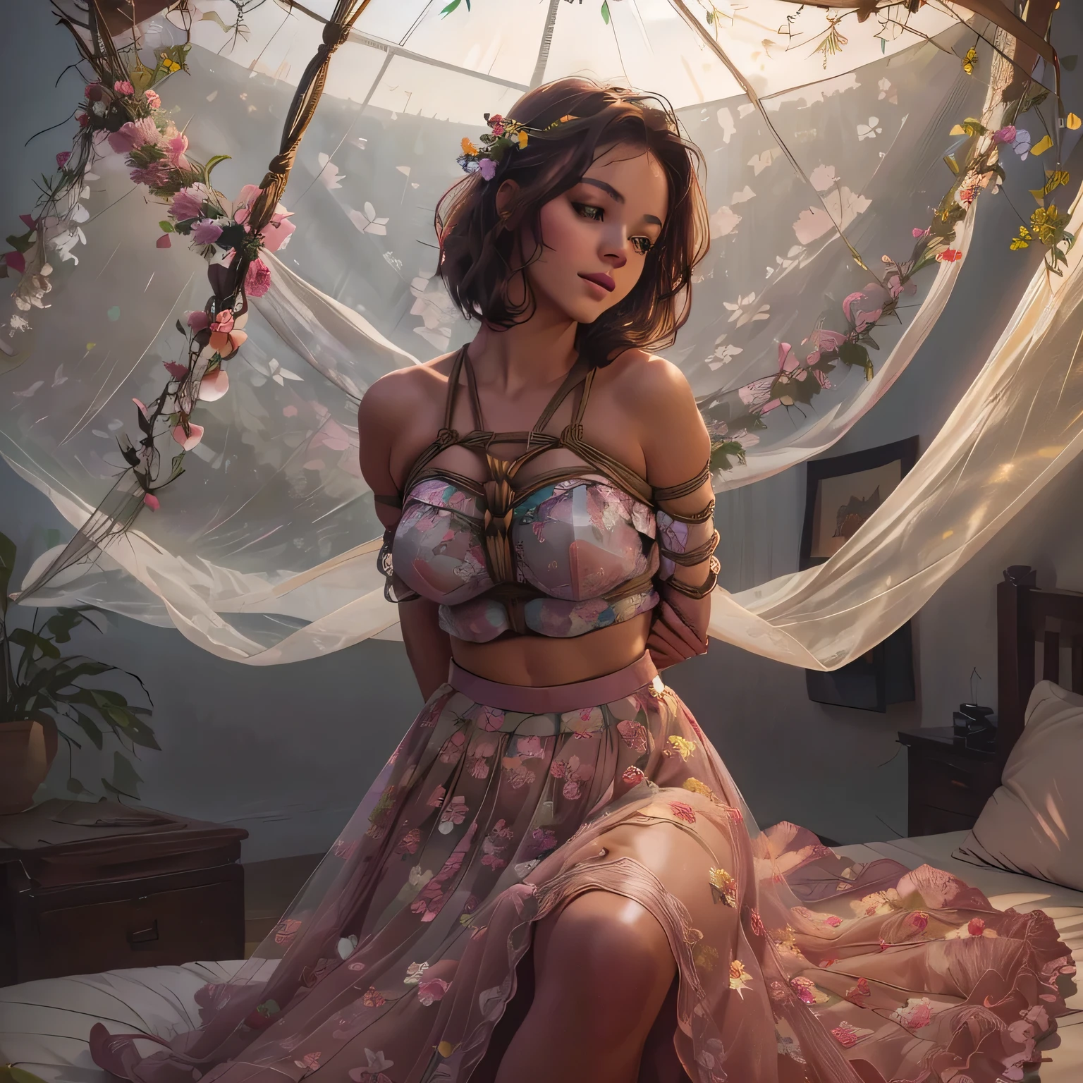 1girl,(bright lighting,romantic setting),dreamy background,,dark hair, mesmerizing gaze, , soft skin, alluring beauty, artistic portrait, high-quality image, vibrant colors,long floral sheer skirt, mosquito net, romantic bedroom, sidesuspension,solobound,full body visible on the screen,barefoot