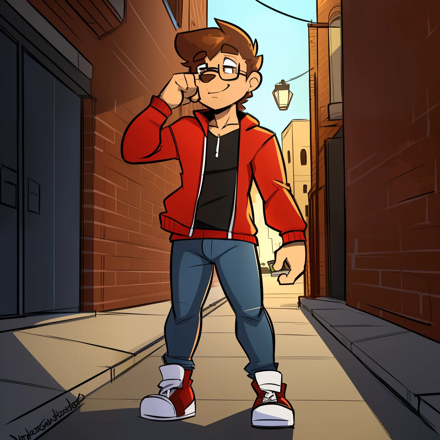 Solo, male, human, wearing a red jacket and holding a dollar bill in front of him, crinkling it between his fingers, deep in thought, brown hair, stubble, brown eyes, glasses, jeans and sneakers, looking off into the distance, dimly lit alleyway, raindrops on the ground, by Doodleman, by SketchbookSam, by InkpotArtist, by GraffitiGuy, by DollarSignArtist.

Uploaded on deviantart, ((by DoodleDude, by SketchyMcSketcher, by InkSlinger, by drawingdude, by ShadingShawn, by LineArtLee