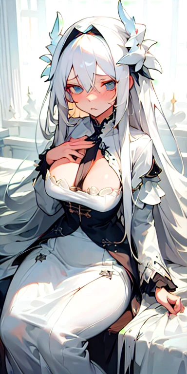 (masterpiece, best quality),1girl with long white hair,breasts,detailed white dress,looking at me,sad expression