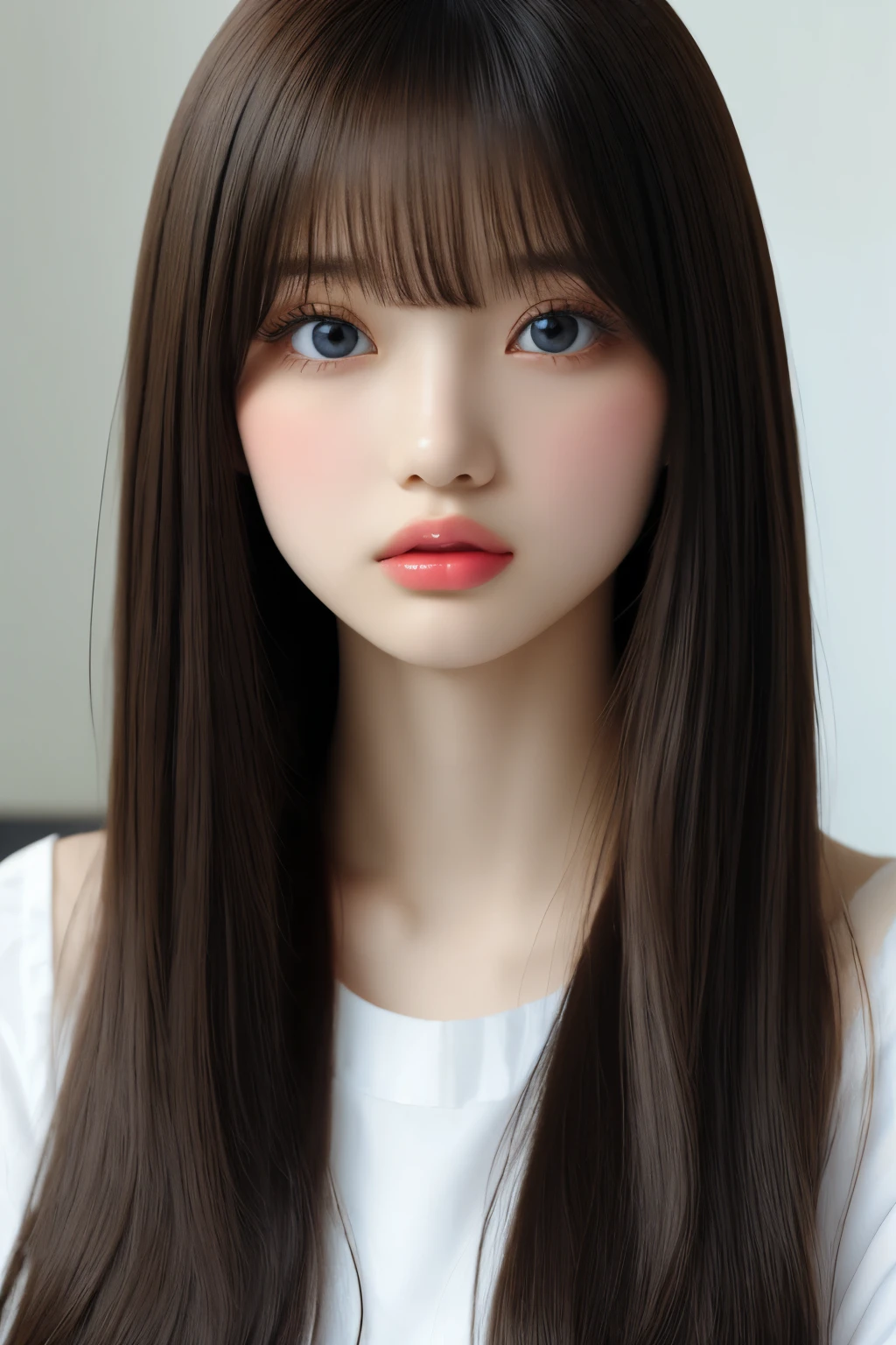 masterpiece, highest quality, one girl, (beautiful girl, delicate girl:1.3), (15 years old:1.3), very fine resolution, (symmetrical eyes:1.3), (glossy lips), （symmetrical eyes:2.１）,white dress, Medium chest, brown eyes, parted bangs, Long and blue々and hair, (Eye and face details:1.1)