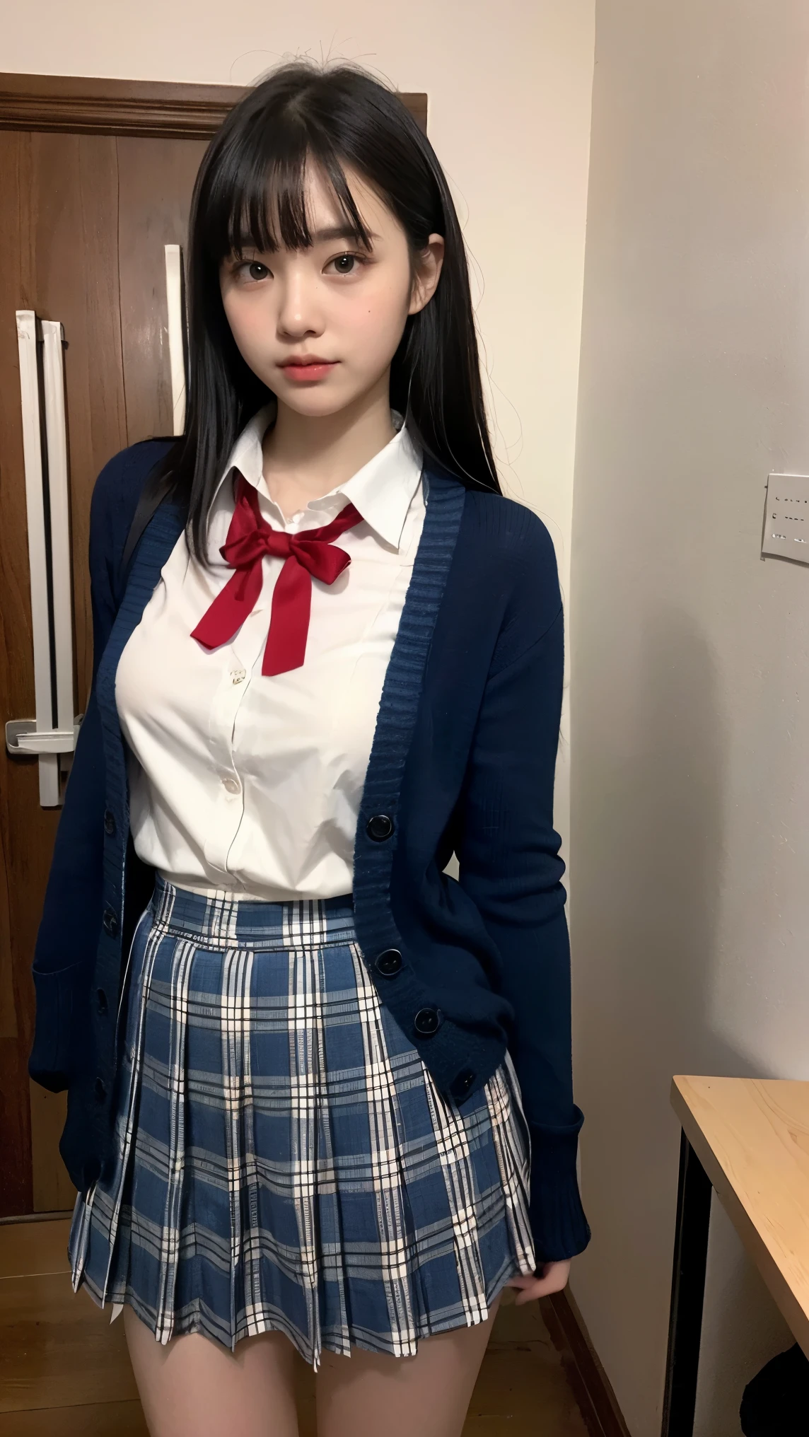 8K、High resolution、masterpiece、realistic、In detail、fine texture、high contrast、alone、high school girl、natural body shape、white skin、natural makeup、black hair、bangs、straight long hair、((high school uniform))(((navy blue cardigan、white collared blouse、red school ribbon、plaid pleated skirt、mini skirt)))、((big breasts))、、school classroom、(Looking at the camera facing forward)、full body photo、Head-to-toe portrait、expose thighs、dark blue socks、White School Shoes、((selfie))