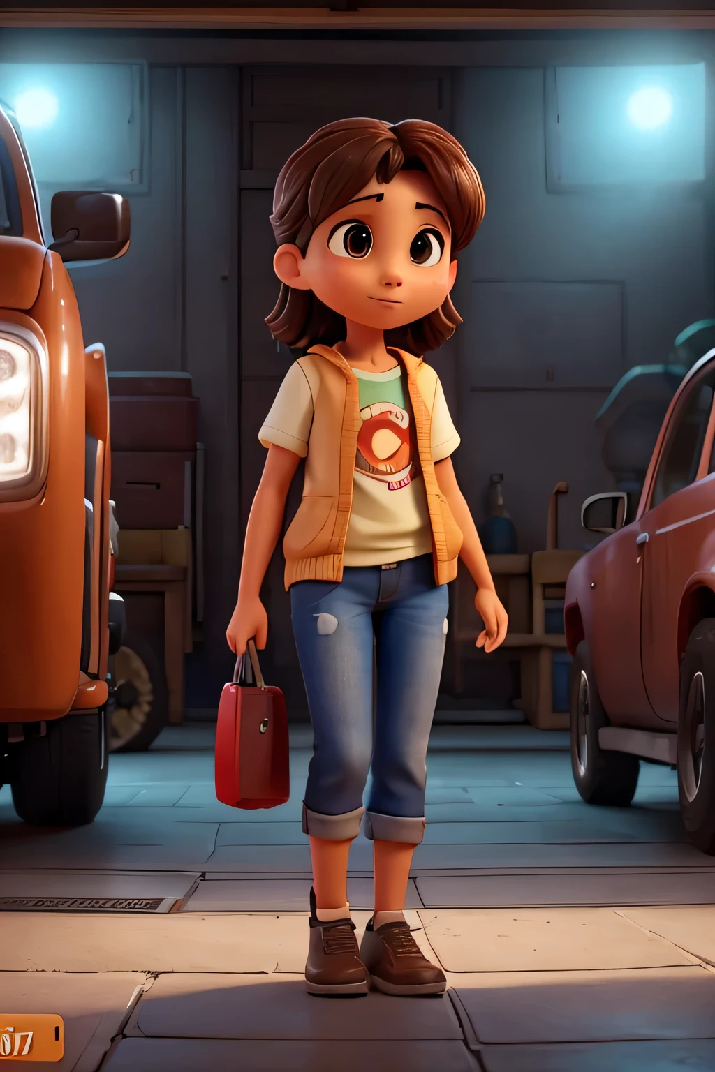 en primer plano, se desarrolla una escena realista: Una mujer sostiene unas llaves de mecanico en la mano., con una camiseta roja. Se para tranquilamente en medio de la calle., framed by the soft glow of the surrounding lamps. En el fondo, un trailer volvo, cargado con cajas similares de botellas de agua, viene a la vista. A cinematic scene takes place in 8k resolution., while the truck&#39;s headlights pierce the night, illuminating man and projecting a warm, tono naranja sobre la escena. The sound of the truck engine echoes in the air., intertwined with the soft pitter-patter of raindrops