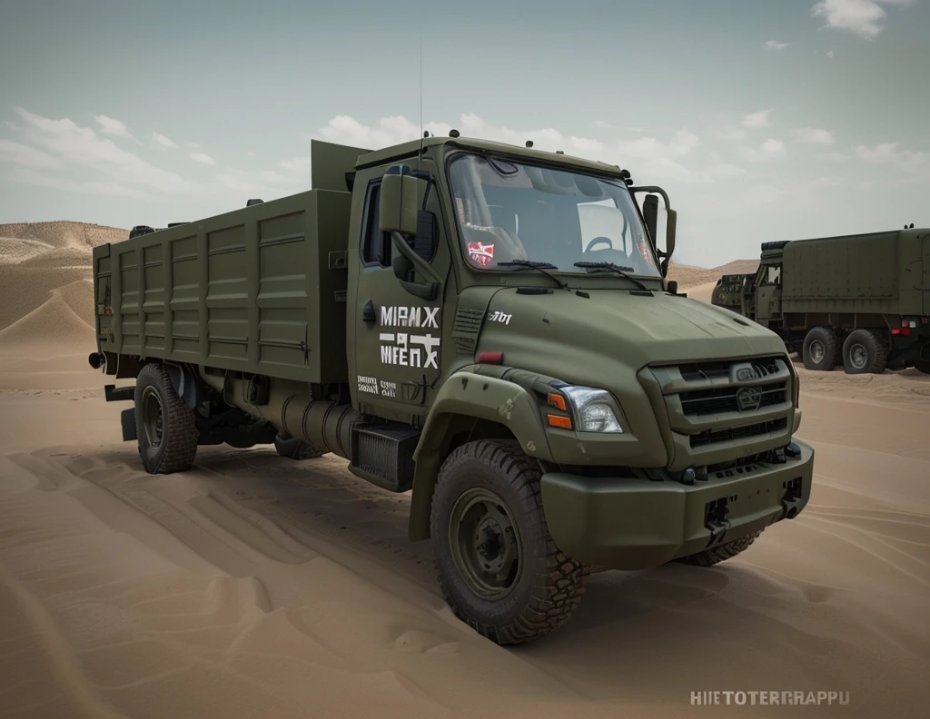 military truck, 6x4 off road tires, painted camouflage red and white, hiperreal photografic panoramic vision