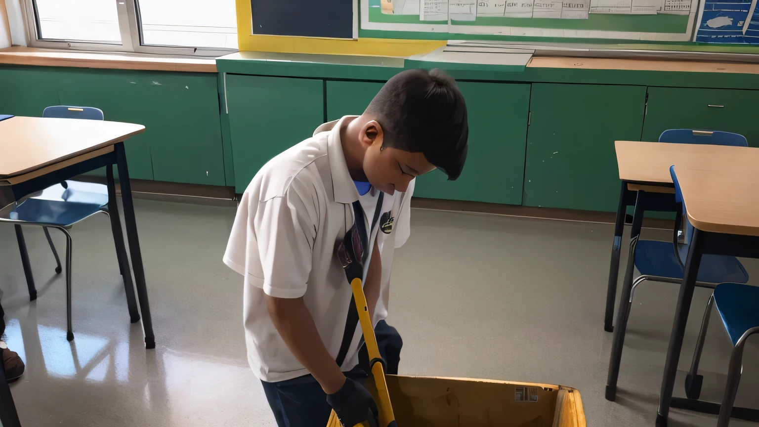 a man shoveling trash over a student's head in the classroom