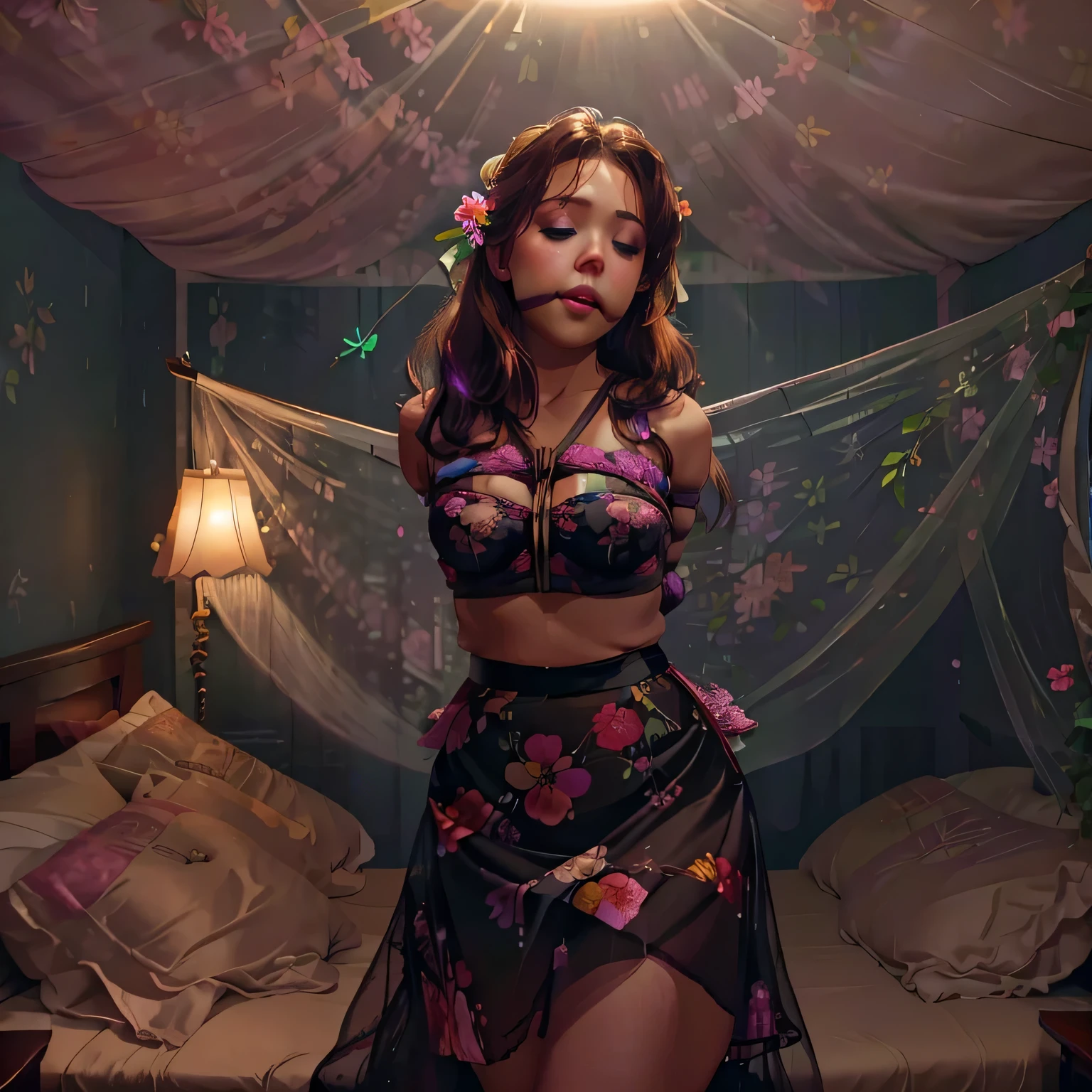 1girl,(bright lighting,romantic setting),dreamy background,,dark hair, mesmerizing gaze, , soft skin, alluring beauty, artistic portrait, high-quality image, vibrant colors,long pink floral sheer skirt, mosquito net, romantic bedroom, sidesuspension,solobound,blindfold,gag