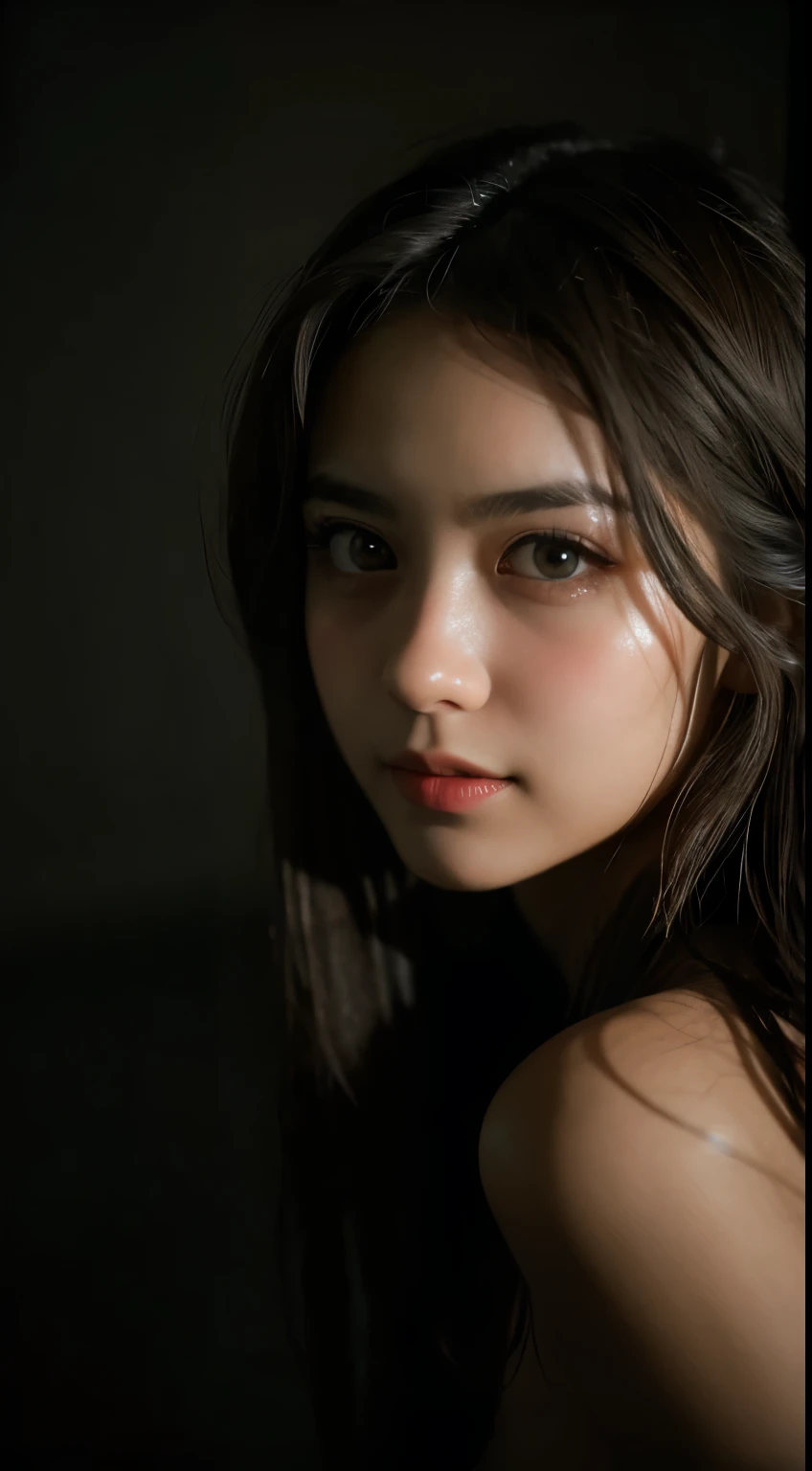 masterpiece, highest quality, Raw foto, photorealistic, smile, beautiful girl, cute, Hair up, Depth of the bounds written, High resolution, Super detailed, details, highly detailed eyes and face, mesmerizing black eyes, Realistic pupils, sharp focus, Cinematic lighting, upper part of the body, face on camera, dark background, small lighting reflection from below, shadowing topless big tits