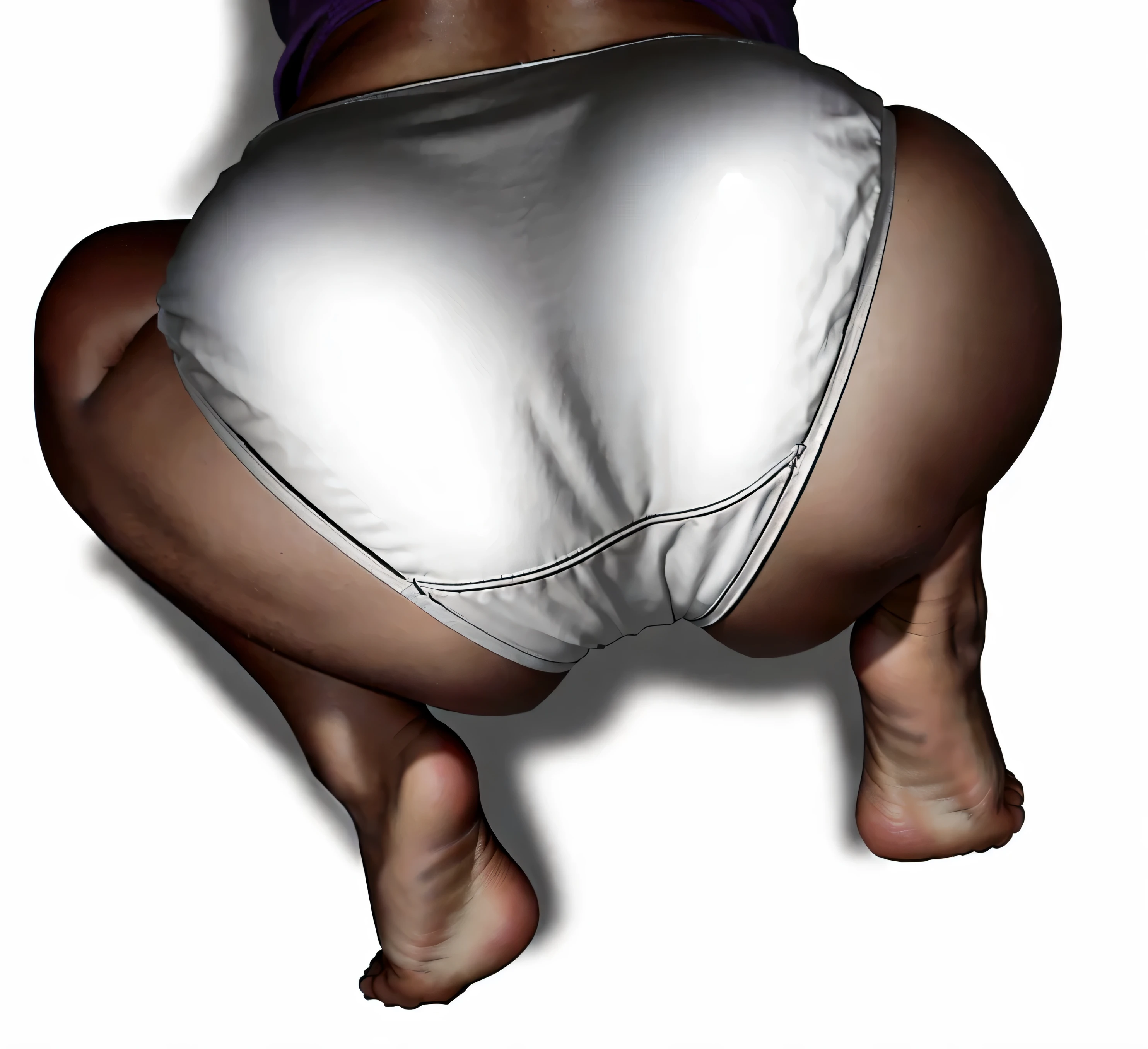 ((masterpiece, best quality)), ((33 year old)), (((Curvy))), ((Black woman)), in ((white fullback cotton panties)), Purple shirt, ((Large hips)), crouching, cropped shot, (((squatting on knees))), (((photo realistic))), ((90's film, 90's movie scene, 90's TV Style))