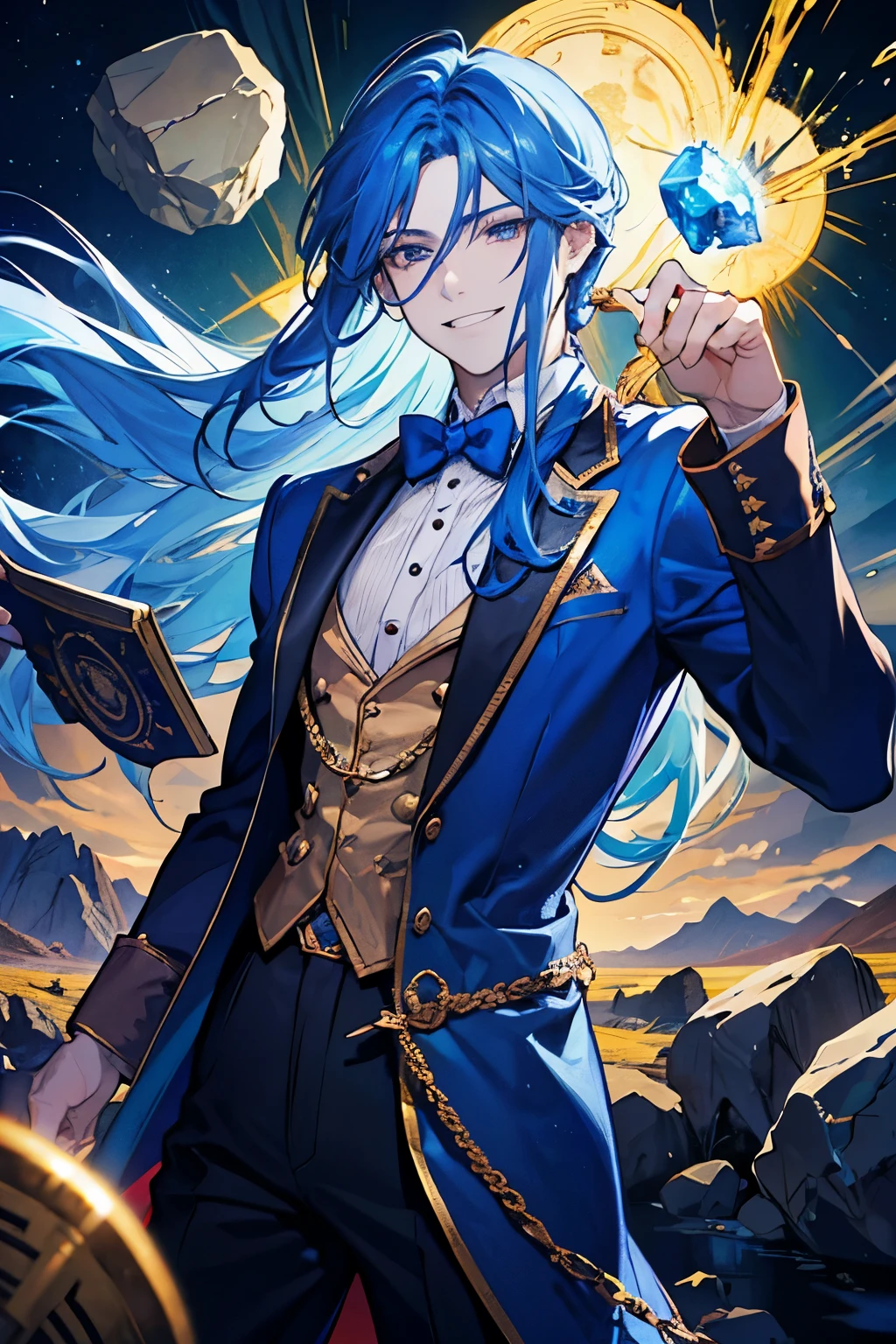 A muscular guy with a smile on his face, blue long hair, Golden eyes, magician’s clothes, a staff in his hands, with collapsing rocks in the background