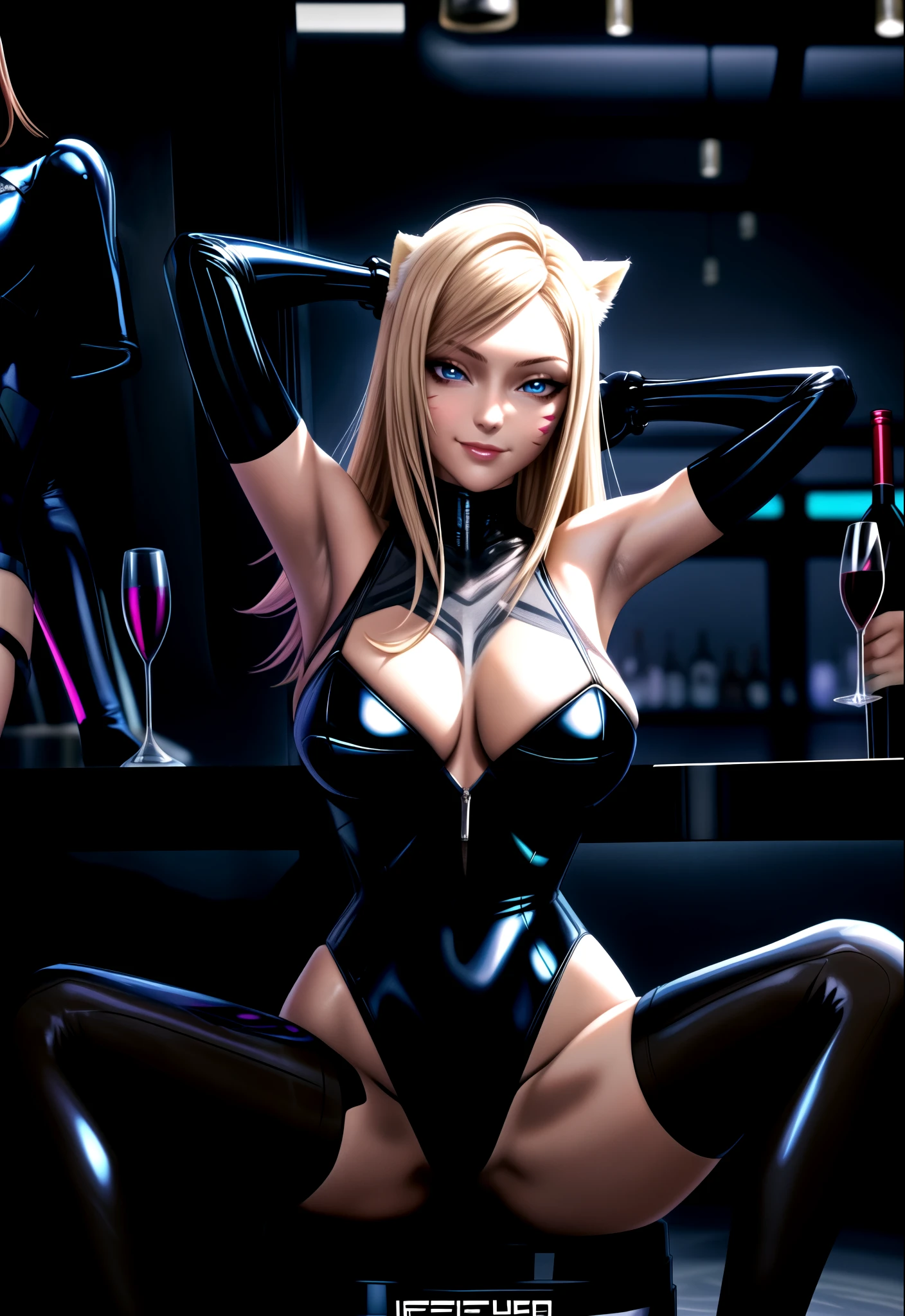 arafed woman in latex posing in a bar with a glass of wine, oppai cyberpunk, wearing black latex outfit, perfect android girl, blonde goddess, black latex suit, seductive anime girl, integrated synthetic android, intricate latex set, cyberpunk glossy latex suit, wlop glossy skin, black latex, latex outfits, sexy girl, biomechanical oppai, masterpiece, best quality, IncrsAhriKDAAllOut, fox tail, multiple tails, single fingerless glove, single glove, asymmetrical clothes, smile, face mark, gaze looking at the camera, ultra detailed eyes,