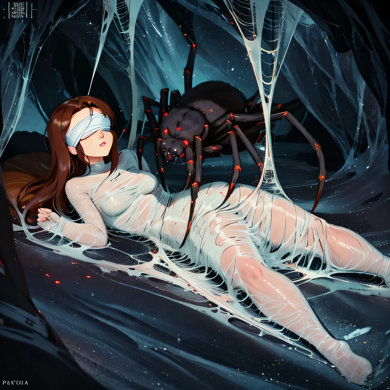 1girl,Spider weaves a net on a girl, very realistic, very detailed,bed,stretched, dark cave, struggle in the net,brown haired, very long sheer skirt,lying down,(blindfold:1.4),spider web