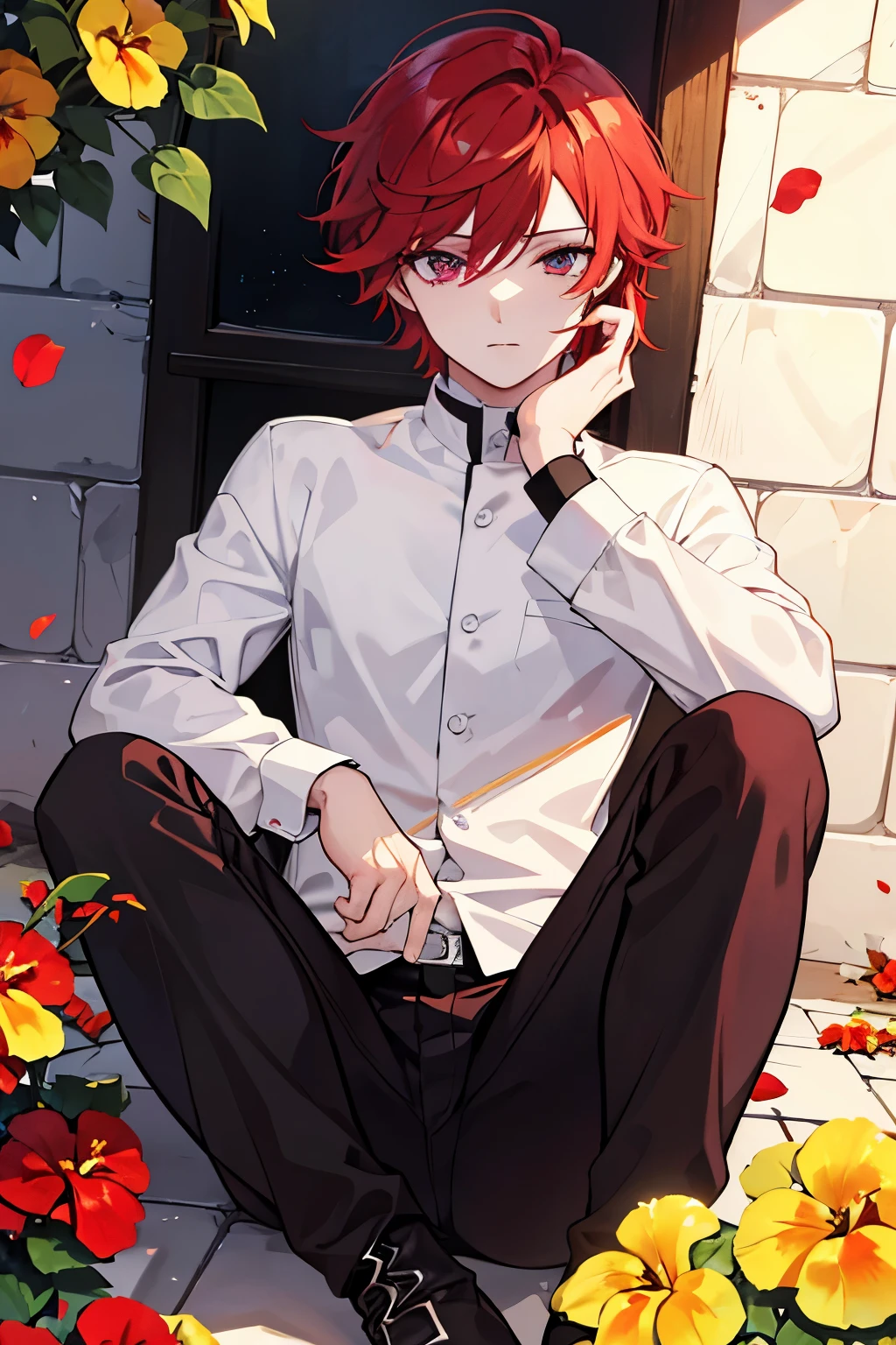 male　red hair　red eyes　pants　cutter　boots　spring　garden　flower bed　yellow pansies　masterpiece　Highest image quality　noise removal　clear parts 　cinematic shadow　Increases the attractiveness of the eyes　clear parts the shine of the eyes　draw eyelashes neatly　perfect eyes　detailed eyes　sharpen image quality　sharpen eye writing　clear parts eye shape