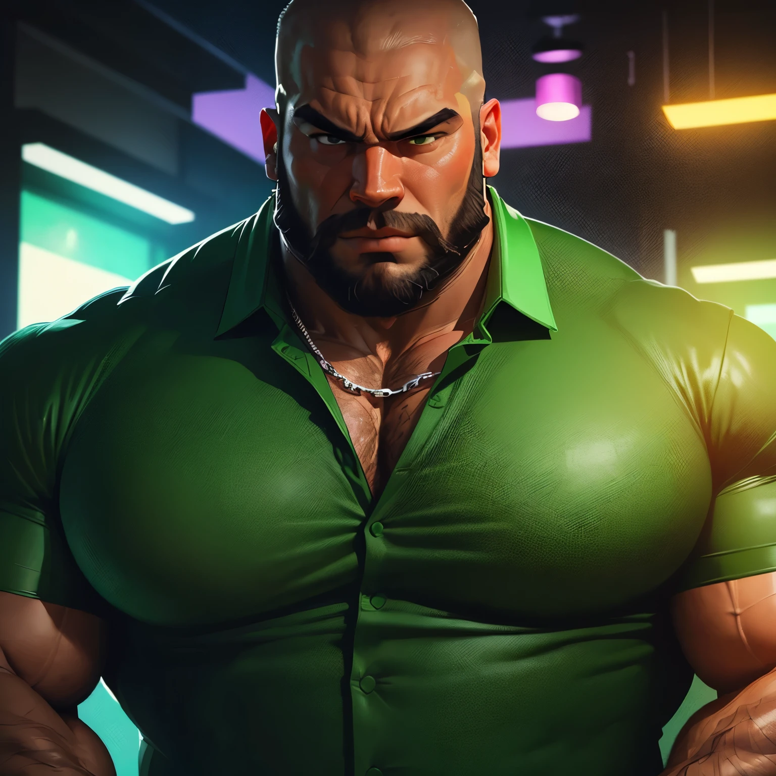 an exaggeratedly muscular and large bald bodyguard, beefy build, beard, sleepy expression, mixed race, (wearing green collared shirt: 1.2), chain necklace, (bara pecs: 1.3), (arm and chest hair: 1.1), close-up portrait HD, fancy night club with neon lights