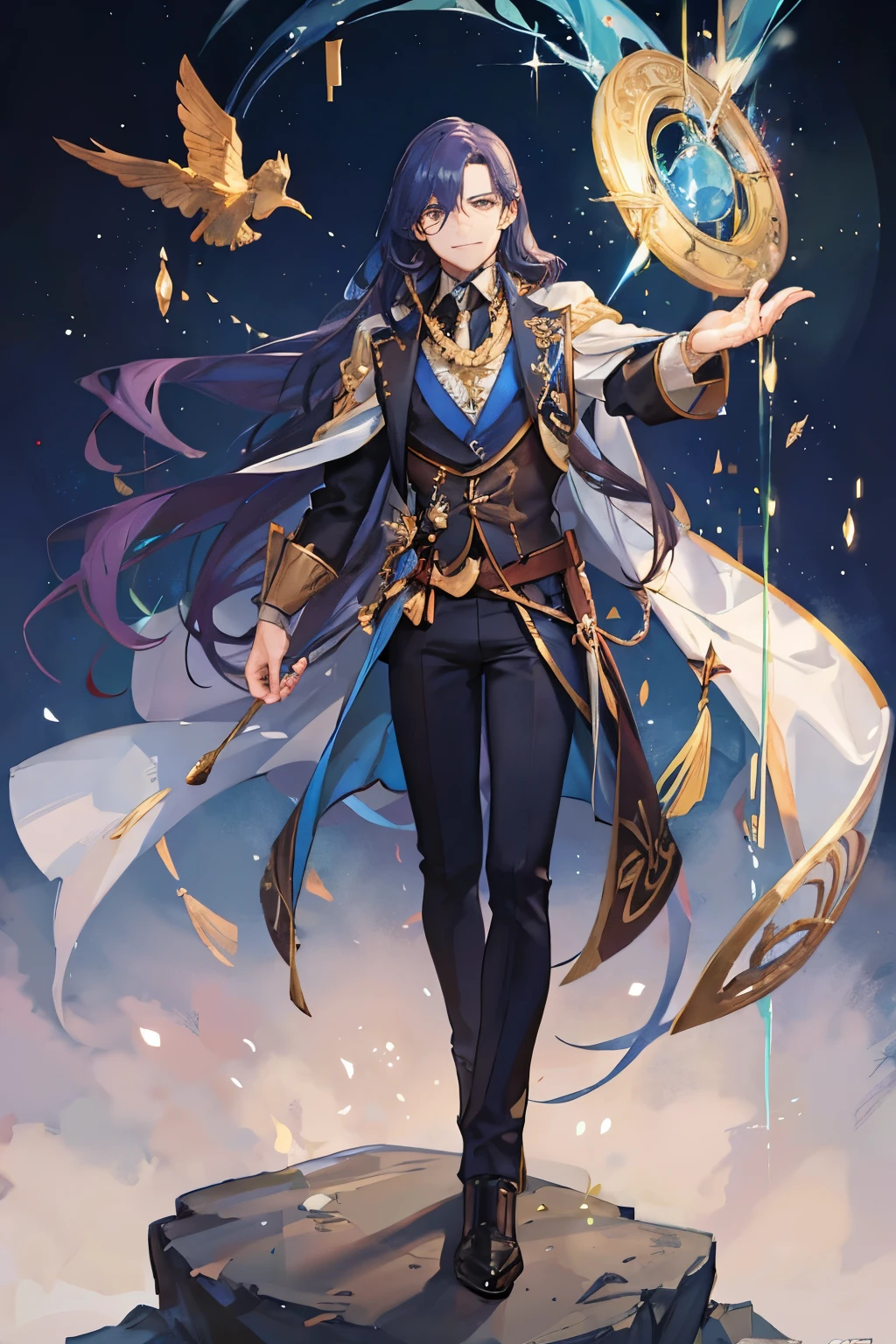A muscular guy with a smile on his face, blue long hair, Golden eyes, magician’s clothes, a staff in his hands, with collapsing rocks in the background