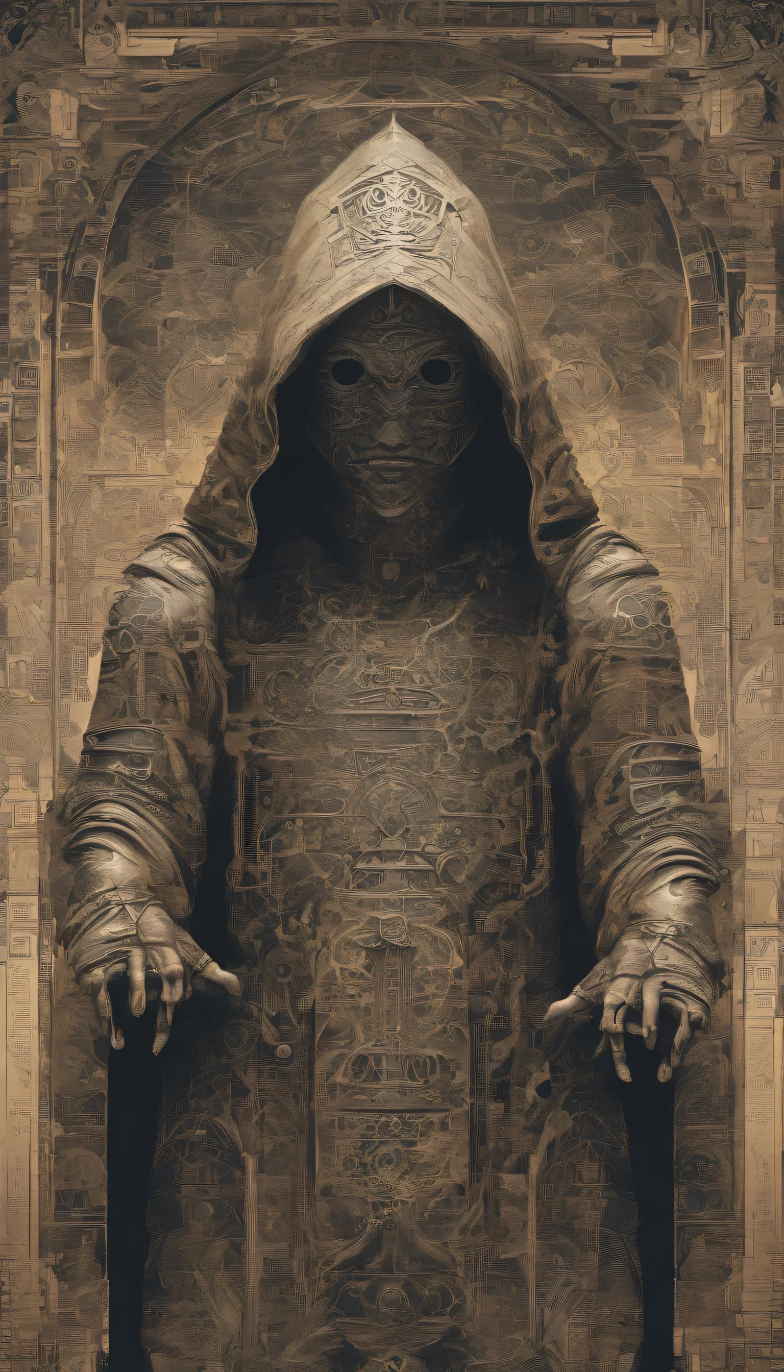 OBJECT
Observing a humanoid representation with a hooded garment. The face is an ornate, mask-like with intricate patterns, not organic in appearance. Torso depicts similar complex designs, suggesting a ceremonial or symbolic attire.
SPECULATION
Possible bizarre uses include ritualistic purposes or a means to exemplify status. The absence of visible sensory organs on the faceplate could imply a non-physical mode of perception, or a representation of a deity or figure of reverence within human culture.