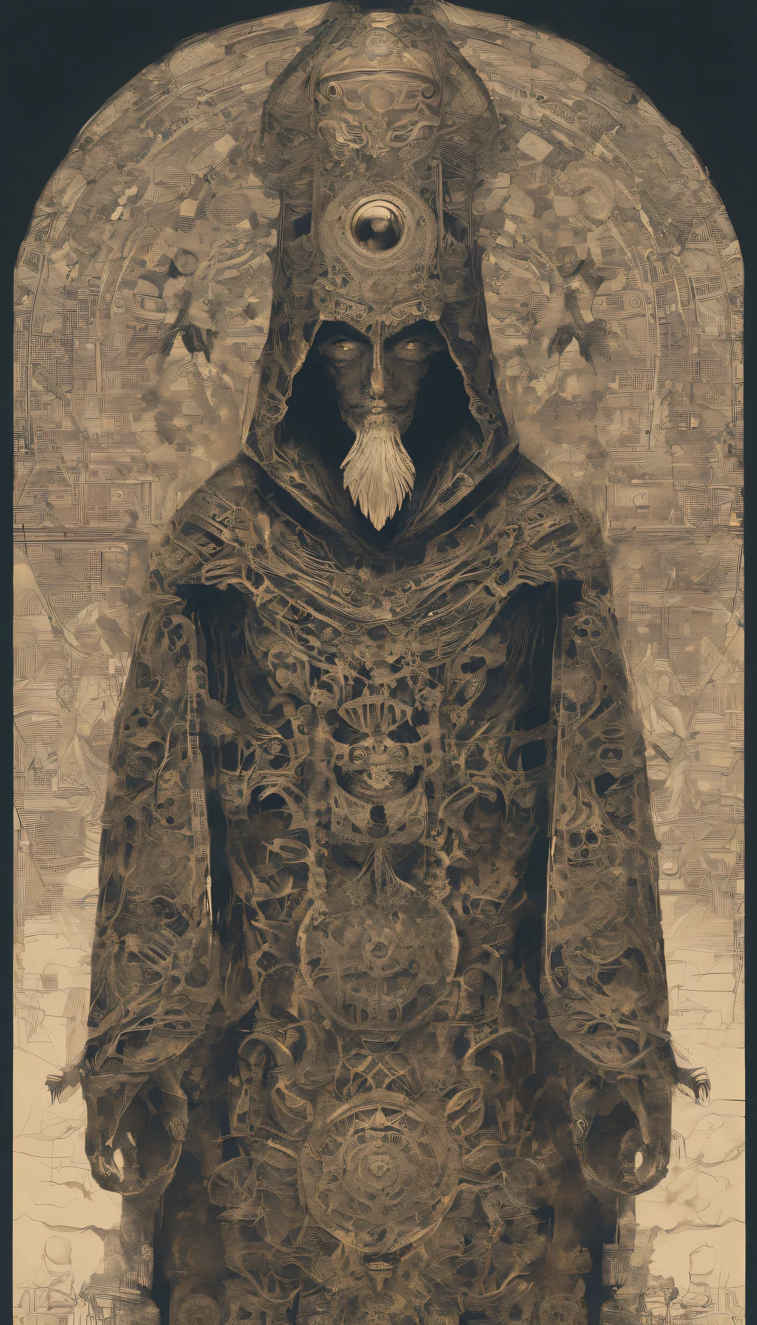 OBJECT

Observing a humanoid representation with a hooded garment. The face is an ornate, mask-like with intricate patterns, not organic in appearance. Torso depicts similar complex designs, suggesting a ceremonial or symbolic attire.

SPECULATION

Possible bizarre uses include ritualistic purposes or a means to exemplify status. The absence of visible sensory organs on the faceplate could imply a non-physical mode of perception, or a representation of a deity or figure of reverence within human culture.