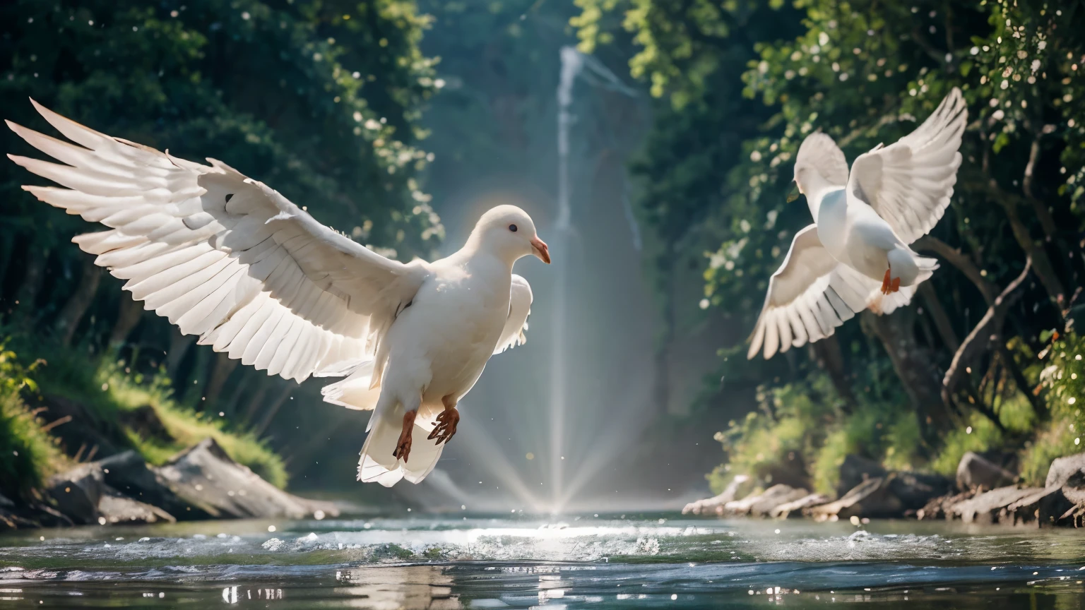 An image that depicts the Holy Spirit as a white dove, hovering gently over the waters of a river. Rays of light emanate from the dove, illuminating the scene around it and symbolizing divine guidance.