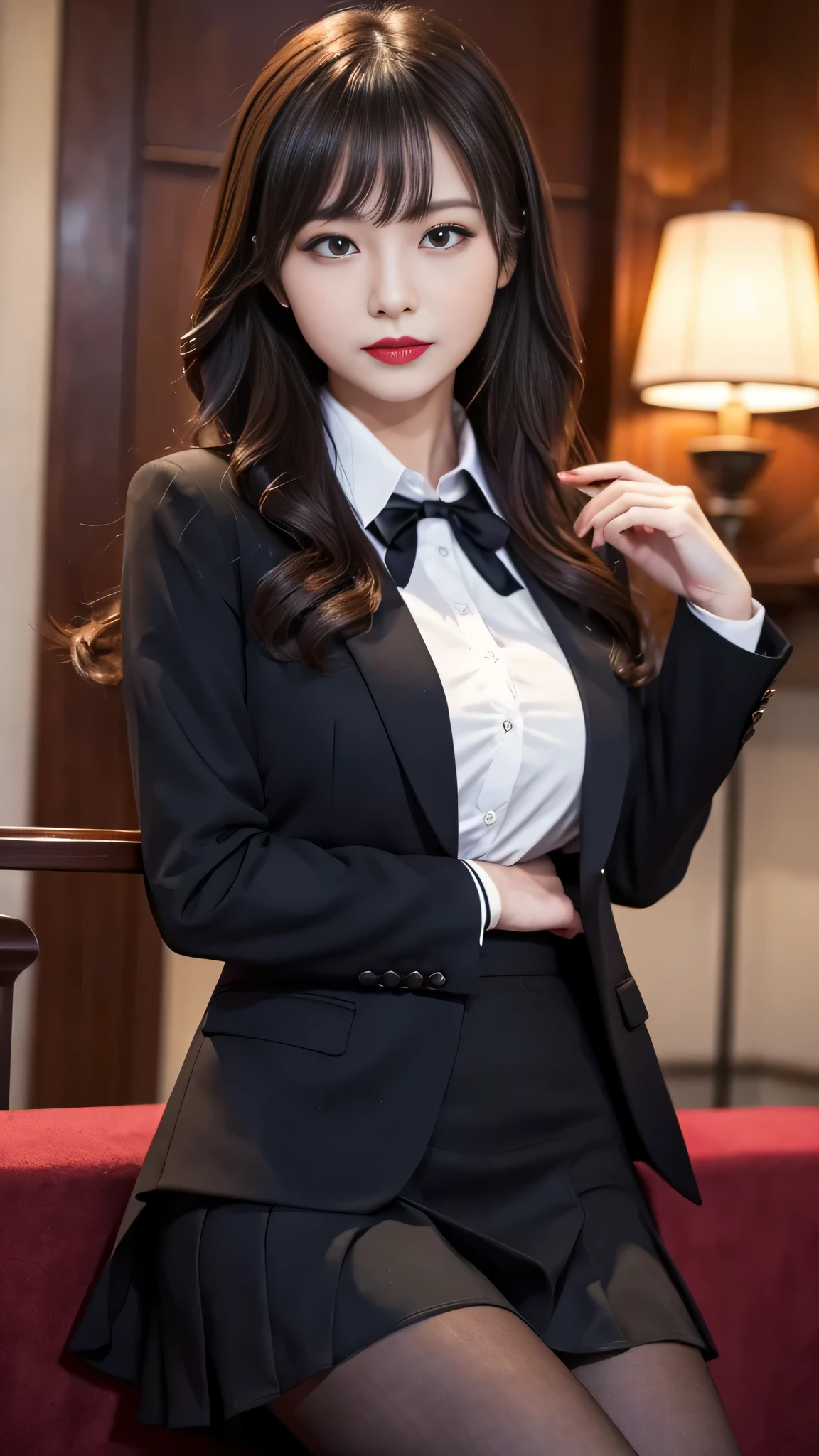 ltra-detailed、Japanese、attractive beauty、seductive adult woman、pretty woman、piercing eyes、cool girl、wavy hair、swept bangs、Female student、suit、Jacket、shirt、ribbon、blouse、Tight Skirt、pantyhose、beautiful feet、Evil cadres、evil depravity、brainwash、mind control、lipstick、smirk、dark makeup、hollow eyes,half-closed eyes、evil look、evil、empty eyes、evil、church at night、vampire、succubus、vampire、Swear allegiance、stand、