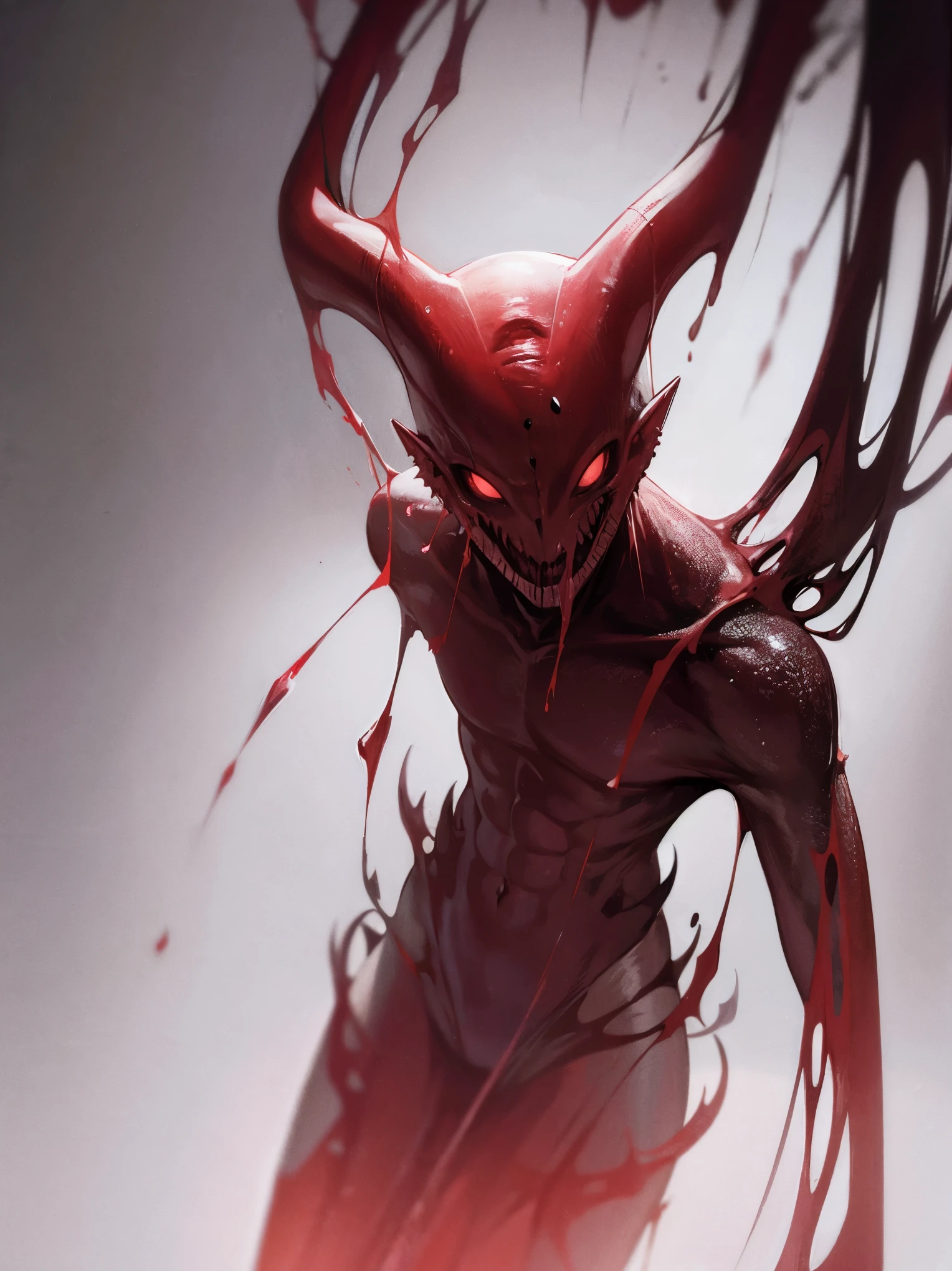 women, red head, scrawny, small breasts, crouching, fangs, glowing red lava eyes, hooded demonic bodysuit, ((visible ribcage)), ((long demonic claws)), digitigrade legs, furry tail, ((drooling)), glowing anus, focus on rear