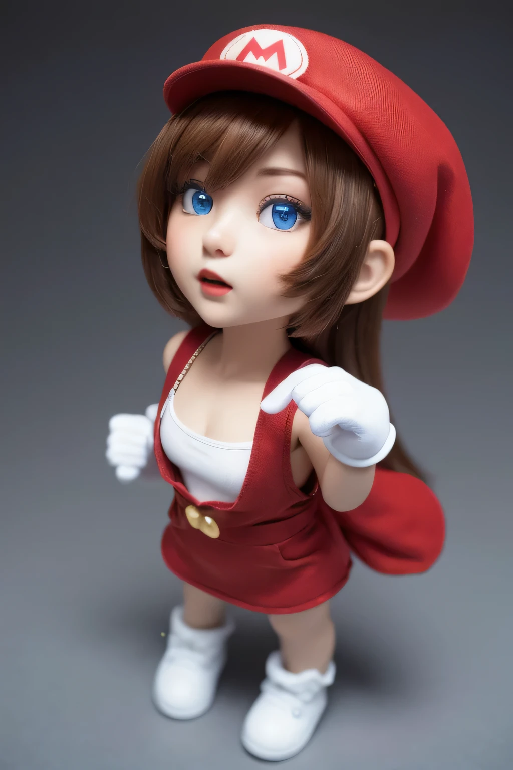 (female Mario), character design, Nintendo Super Mario, (blue eyes, red hat, red suit, blue suspenders, white gloves, )super cute blind box style, chibi, big medium breasts, full body, exaggerated expressions and actions, clean background, bright iridescent highlights, studio lighting, atmospheric lighting, with exquisite texture, high detail, high resolution, c4d, 3D, Blender, 8k, best quality, ultra high definition