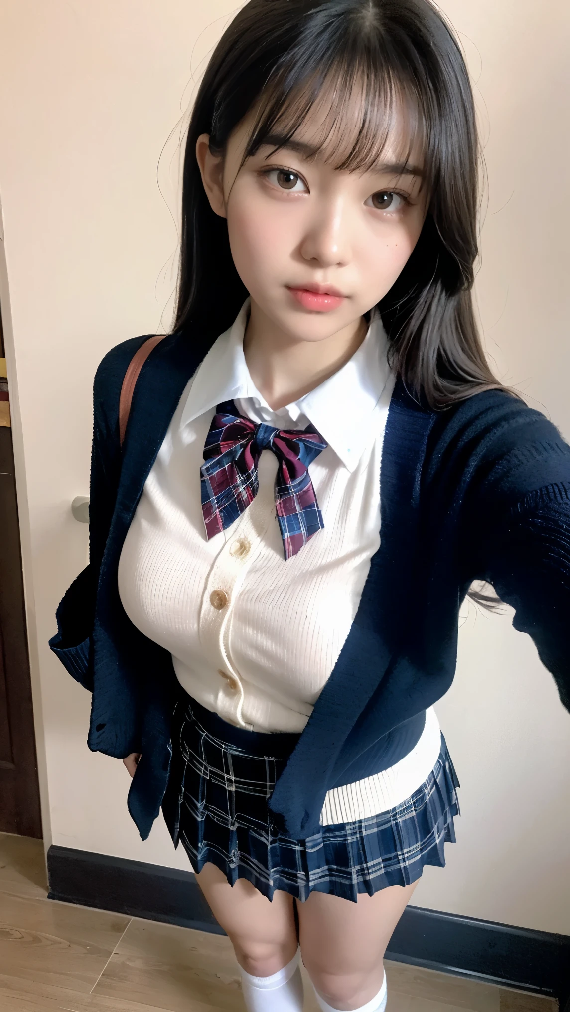 8K、High resolution、masterpiece、realistic、In detail、fine texture、high contrast、alone、high school girl、natural body shape、white skin、natural makeup、black hair、bangs、straight long hair、((high school uniform))(((navy blue cardigan、white collared blouse、red school ribbon、plaid pleated skirt、mini skirt)))、((big breasts))、、school classroom、(Looking at the camera facing forward)、full body photo、Head-to-toe portrait、expose thighs、dark blue socks、White School Shoes、((selfie))