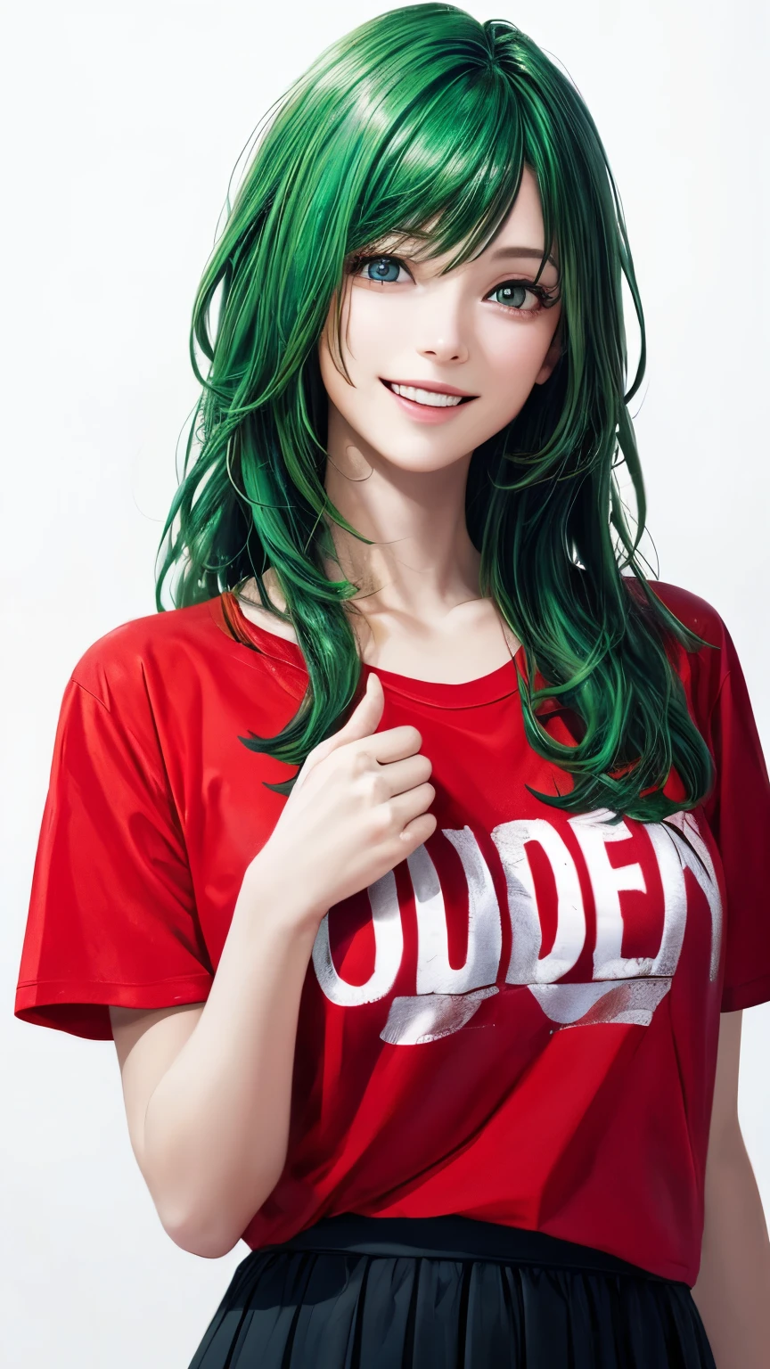 (highest quality、8K、32k、masterpiece)、(realistic)、(Photoreal:1.2)、(High resolution)、Super detailed、very beautiful face and eyes、1 girl、round and small face、thin waist、delicate body、(close、highest quality、high detail、Rich skin details)、(highest quality、8K、oil paint:1.2)、Super detailed、(realistic、realistic:1.37)、bright colors、(((i have green hair)))、(((bust shot)))、(((long hair)))、(((lob hair)))、(((pure white wall background)))、(((pure white wall background)))、(((She has a happy expression)))、(((laughter)))、(((Wearing a red T-shirt)))、(((This is a T-shirt with English letters on the chest...)))、(((look straight ahead)))、(((the skirt is short)))、(((teeth visible)))、(((Hands are above the head)))、(((Thumbing up、Thumbs up)))