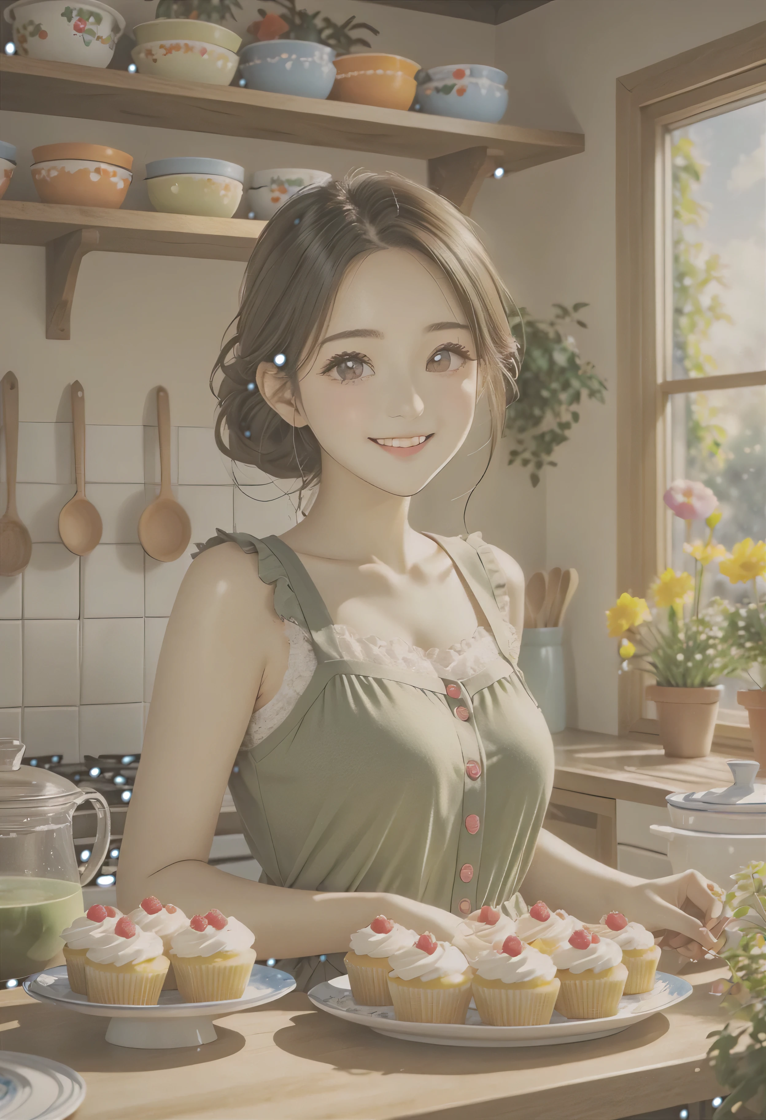 (8K、Raw photo、highest quality、look up:1.2、masterpiece:1.2、genuineistic、ultra high resolution、high contrast、photon mapping、genuine、Super detailed、official art, Raw photo、professional lighting、 light、Vivid atmosphere、twicelight) title: 「Spring kitchen joy」 explanation: This beautiful anime artwork、In the kitchen with large windows that let in the bright sunlight.、It depicts a girl preparing cupcakes with flowers in her hands.。she is 、Height: 150cm、She has fair skin and a light brown ponytail with a green ribbon.。She is wearing a moss green sleeveless dress and a green see-through cardigan.、Wearing a light green apron、Delicate facial expressions and moist eyes decorate a beautiful face.。 Outside the kitchen, plants and flowers are painted in the bright spring sunlight.、The kitchen shelves are decorated with tasteful accessories and small potted plants.。I&#39;m boiling water in a pot on the stove in the kitchen.、The cooking table is filled with cut-up finished cakes and colorful cooking utensils.。The girl looks kindly at her older sister who is sharing moments of fun and joy with her.、Transfer the finished cake to a plate.、looking happily。 This artwork is、It expresses the joy of a young girl in a bright and fun atmosphere.、It will evoke warm feelings in the viewer.。