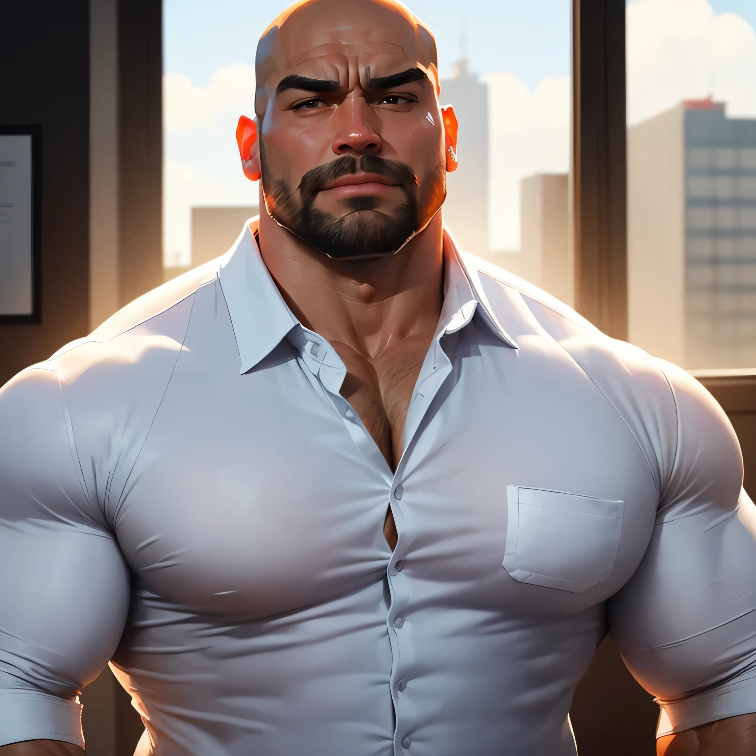 an exaggeratedly muscular and large bald bodyguard, beefy build, beard, mixed race, (wearing white business casual collared shirt: 1.2), name tag, (bara pecs: 1.3), (arm and chest hair: 1.1), close-up portrait HD, bright corporate office with large windows
