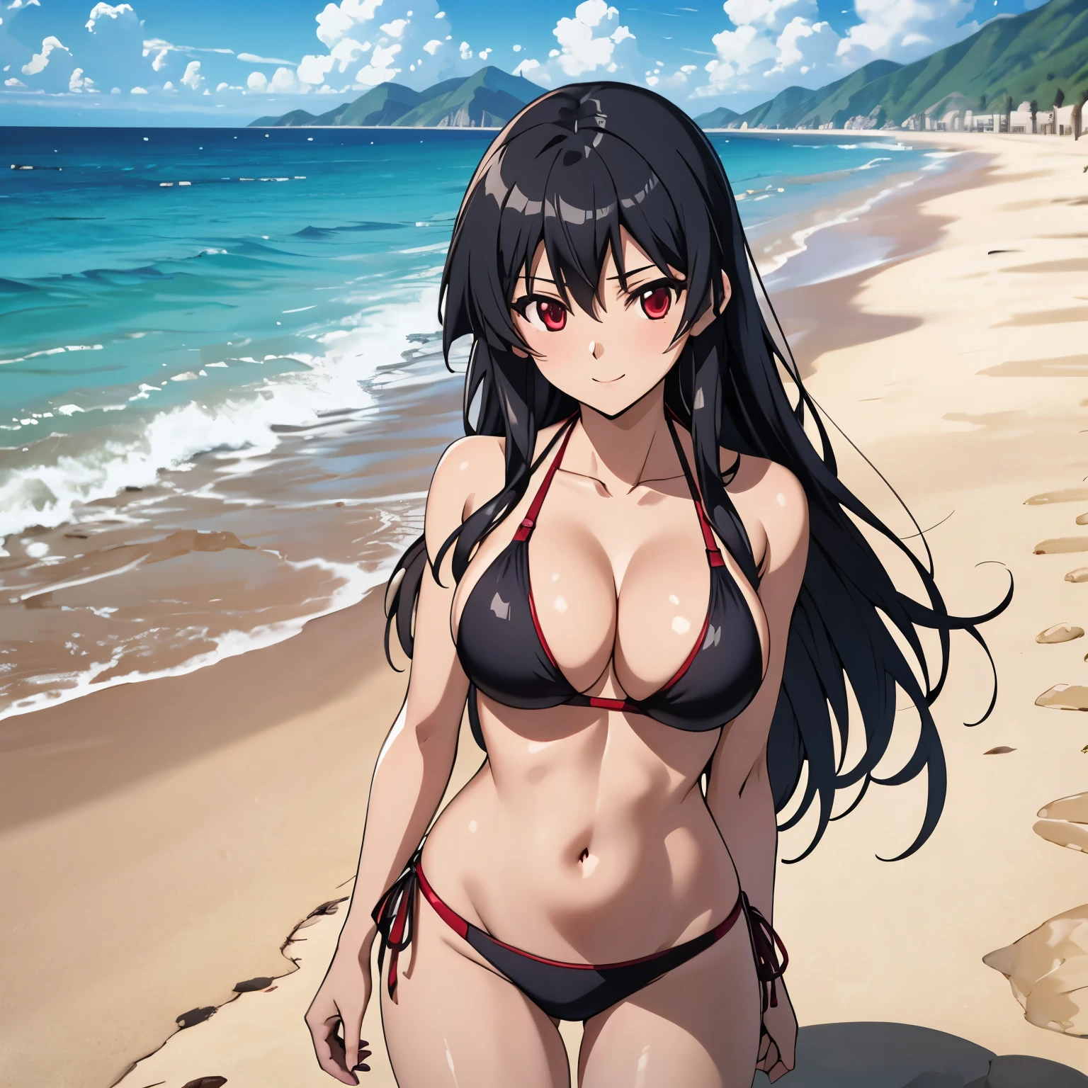 akame woman 20 years old shiny black hair, red eyes like rubies, pechos grades, sonrisa rubor, bikini negro, fondo playa. cuerpo mojado gotas de agua en su pecho. 