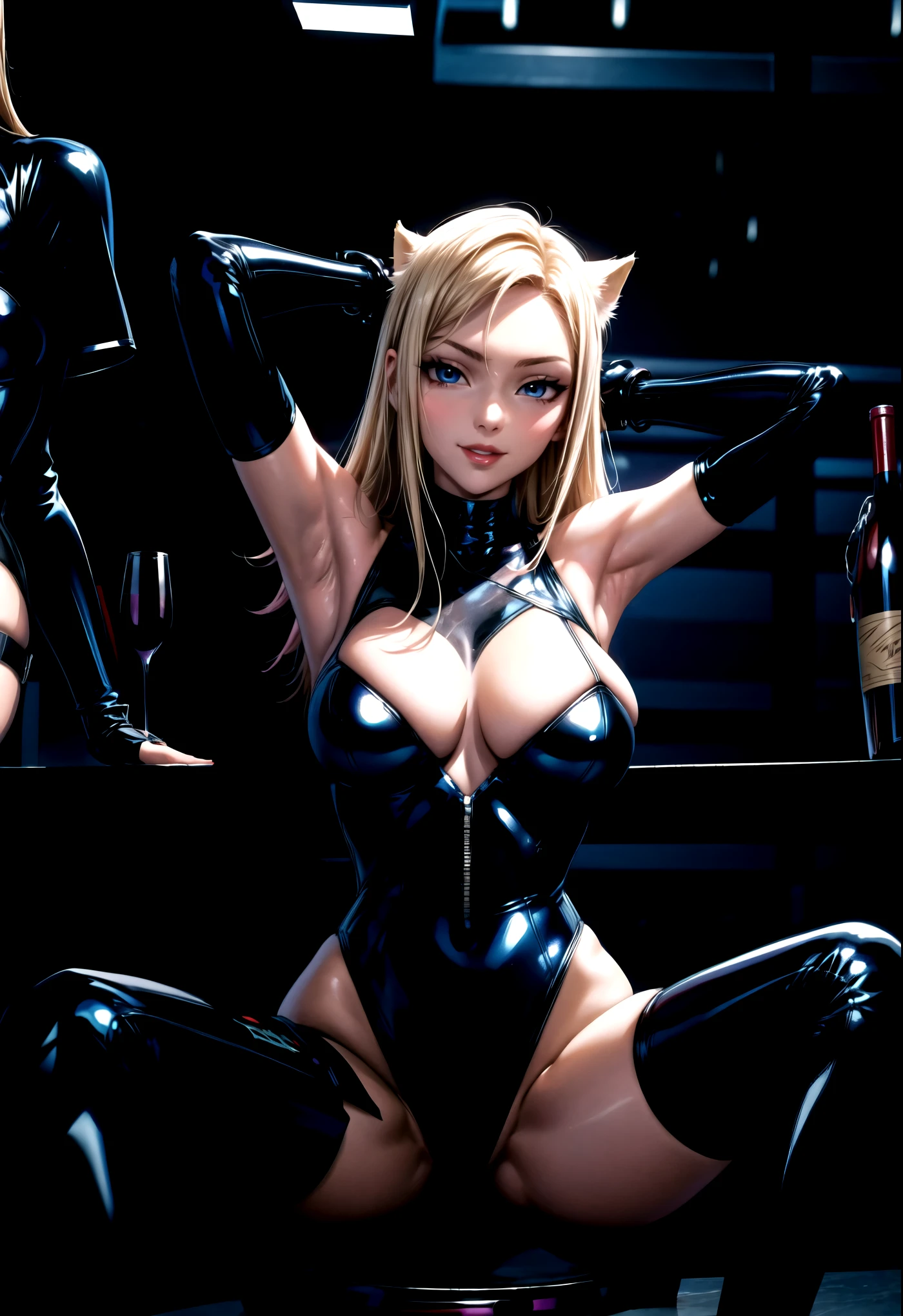 arafed woman in latex posing in a bar with a glass of wine, oppai cyberpunk, wearing black latex outfit, perfect android girl, blonde goddess, black latex suit, seductive anime girl, integrated synthetic android, intricate latex set, cyberpunk glossy latex suit, wlop glossy skin, black latex, latex outfits, sexy girl, biomechanical oppai, masterpiece, best quality, IncrsAhriKDAAllOut, fox tail, multiple tails, single fingerless glove, single glove, asymmetrical clothes, smile, face mark, gaze looking at the camera, ultra detailed eyes, red lips, solo girls,