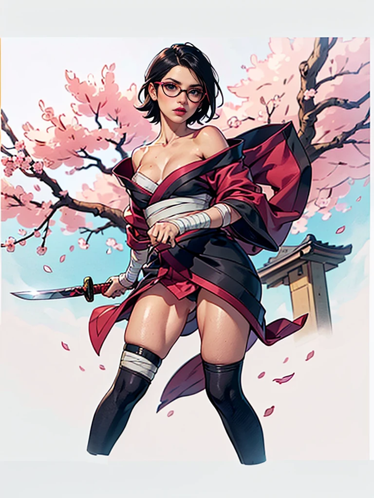 (1girl, solo, alone), (WakatsukiRisa, Sarada Uchiha, black hair, short hair, black eyes, red glasses), ((solo, (1woman, ((small bust)), pink lipstick, black eyes), Extremely detailed, ambient soft lighting, 4k, perfect eyes, a perfect face, perfect lighting, a 1girl)), ((fitness, shapely body, athletic body, toned body)), ((a drawing of a woman, kimono, holding a sword, ((sarashi, bandage)), cherry trees, cherry blossom, showing her shoulder, urban background, Tokyo))