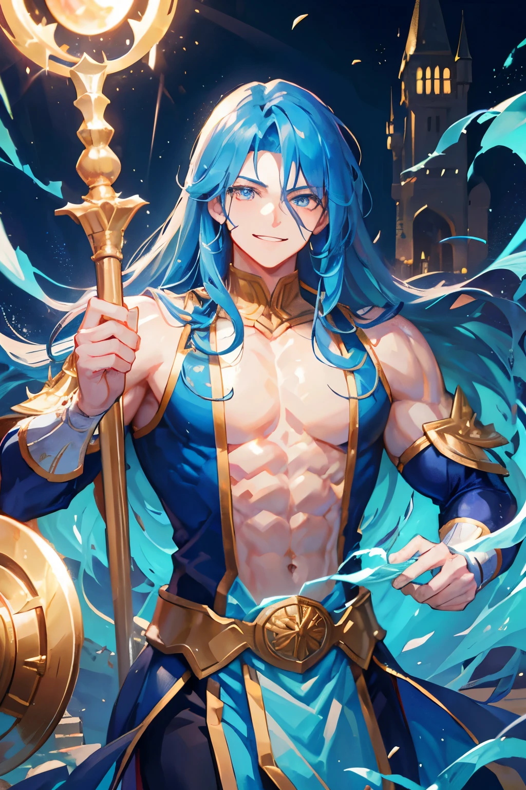 A muscular guy with a smile on his face, blue long hair, Golden eyes, magician’s clothes, a staff in his hands, a collapsing castle in the background