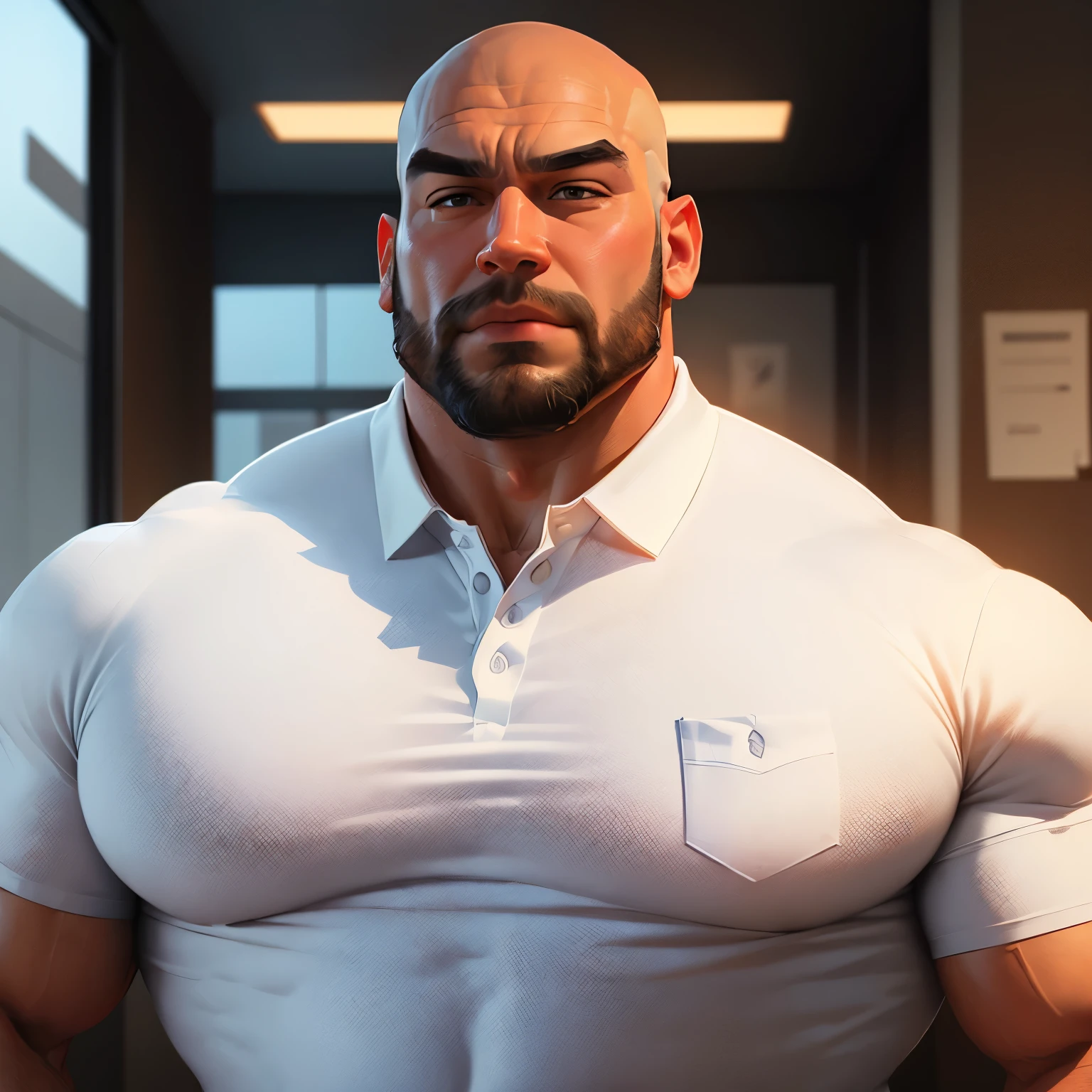 an exaggeratedly muscular and large bald bodyguard, beefy build, beard, mixed race, (wearing white collared polo shirt: 1.2), name tag, red tie, (bara pecs: 1.3), (arm and ????? hair: 1.1), close-up portrait HD, bright corporate office with large windows
